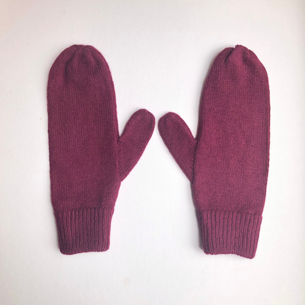 Maroon Lambswool Mittens on a String: Hand-Knitted Women's Gloves