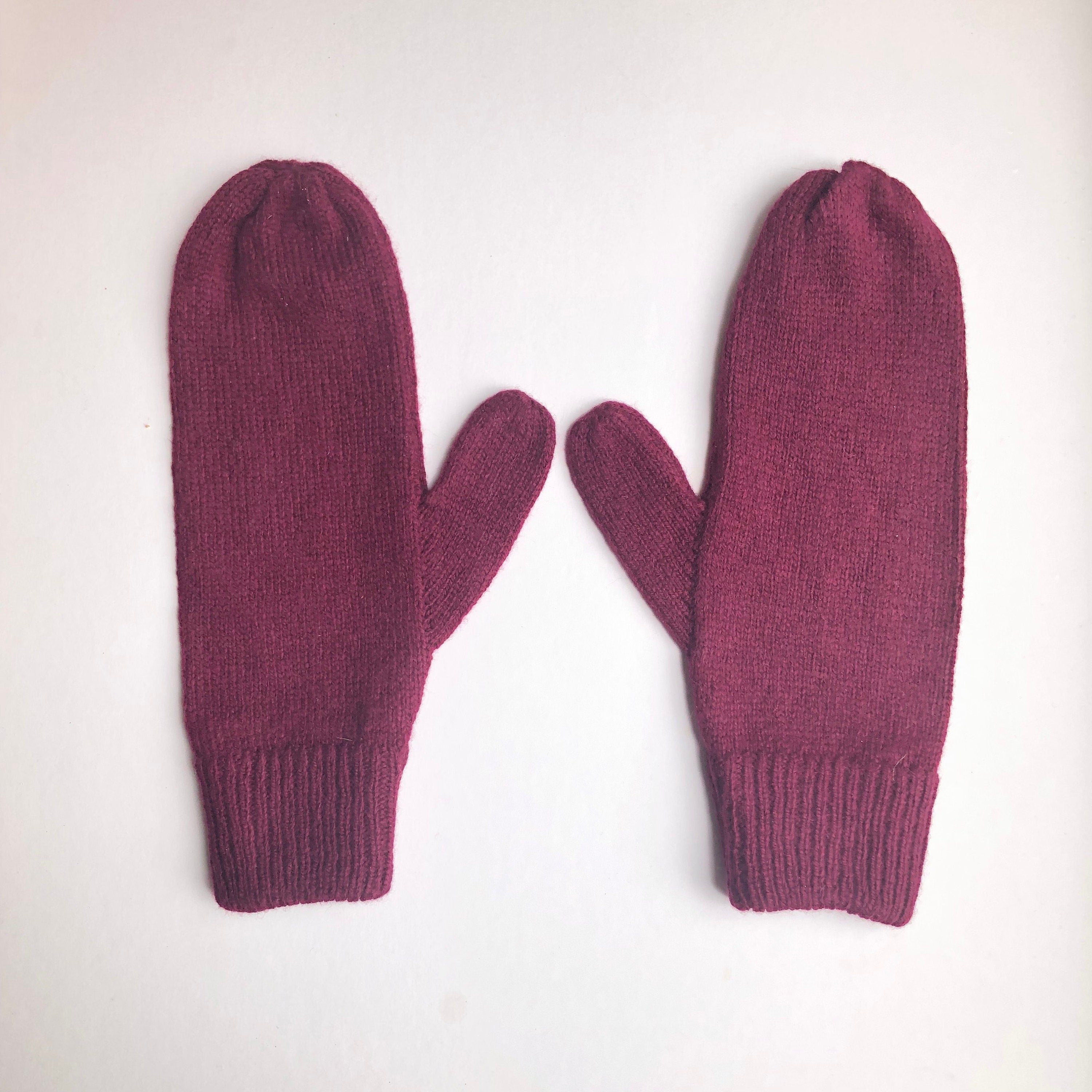 Maroon Lambswool Mittens on a String: Hand-Knitted Women's Gloves