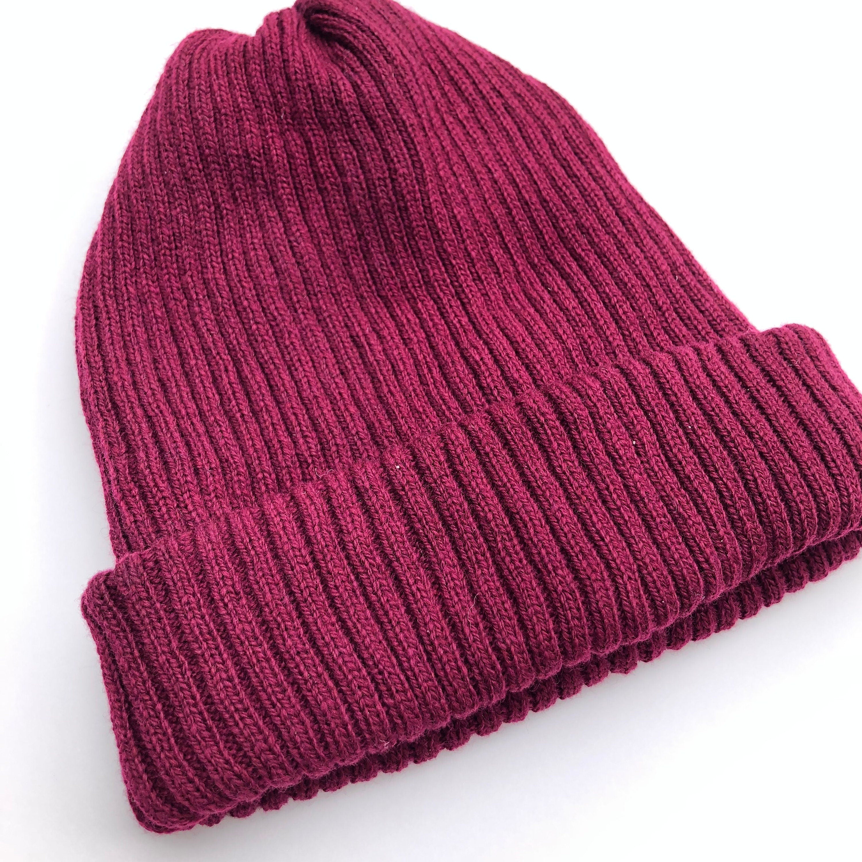 Maroon Knitted Hat / Dark Red Ribbed Soft Beanie for Men or Women / Adult size Extra Warm Double Layered Lambswool Hat