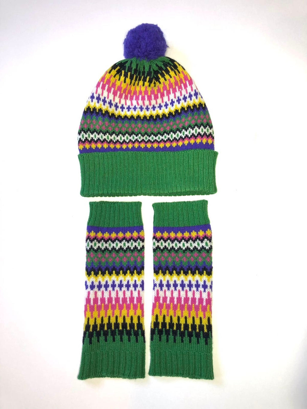 Green Fairisle Knitted Wrist Warmers / Fingerless Gloves / Adult size