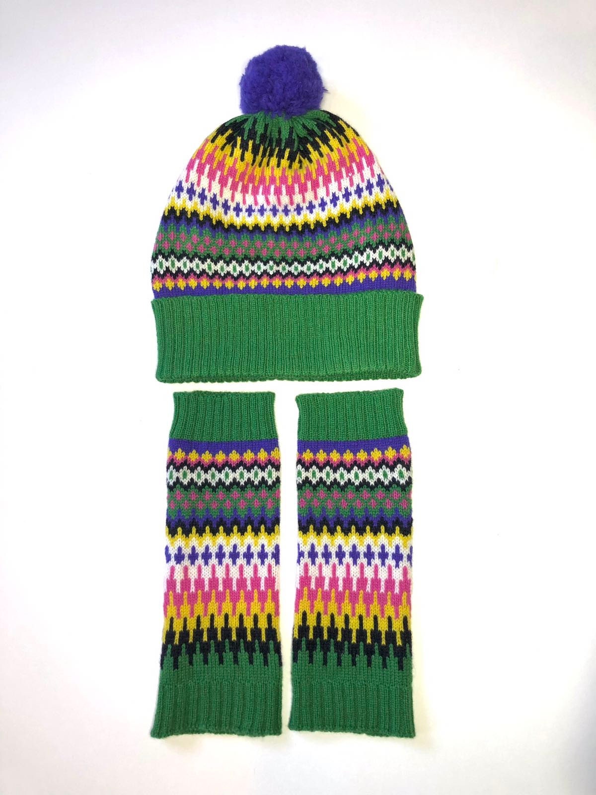 Green Fairisle Knitted Wrist Warmers / Fingerless Gloves / Adult size