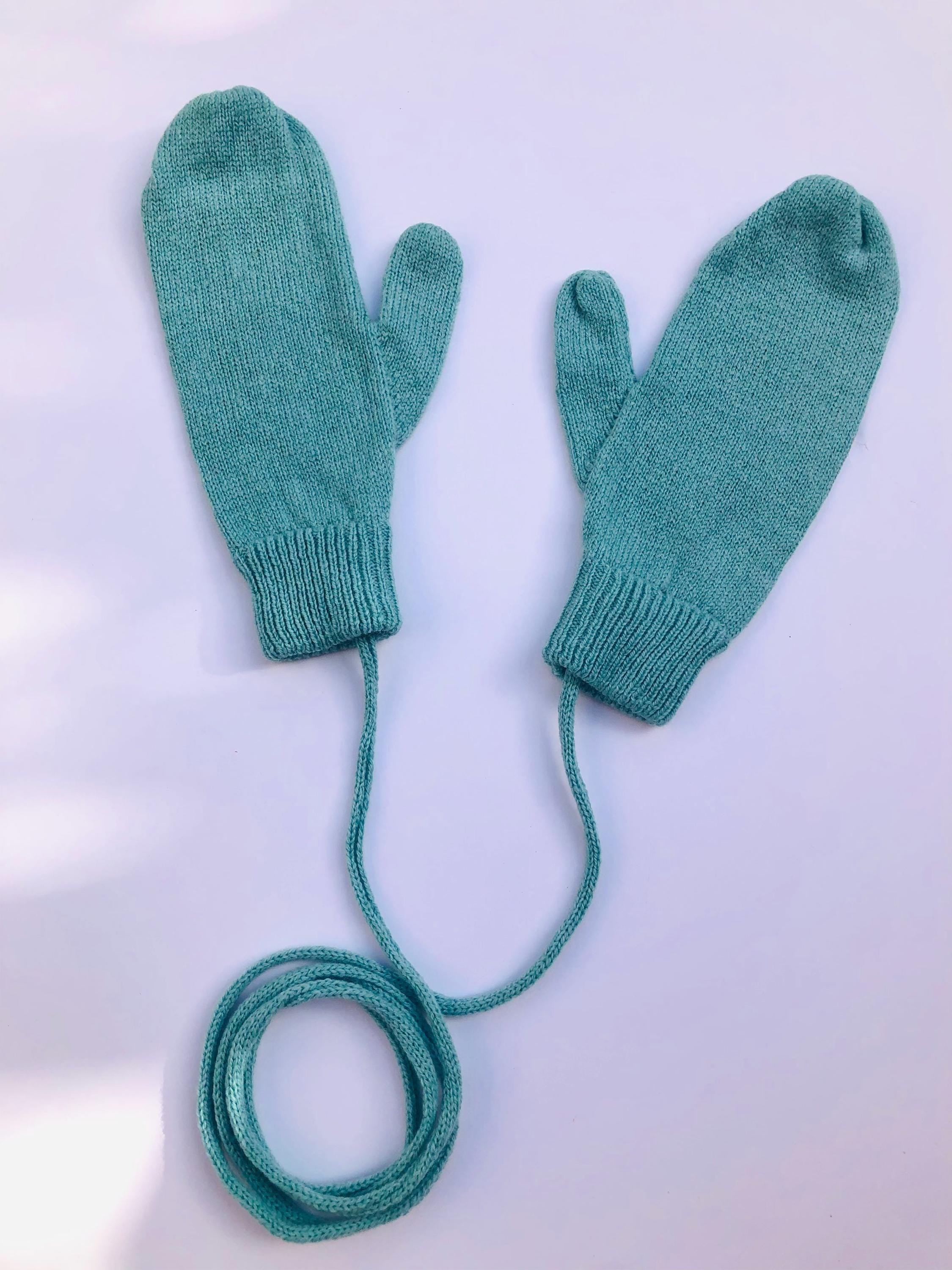 Sea Green Mittens on a String (Or loose) / Women’s Lambswool Knitted Gloves