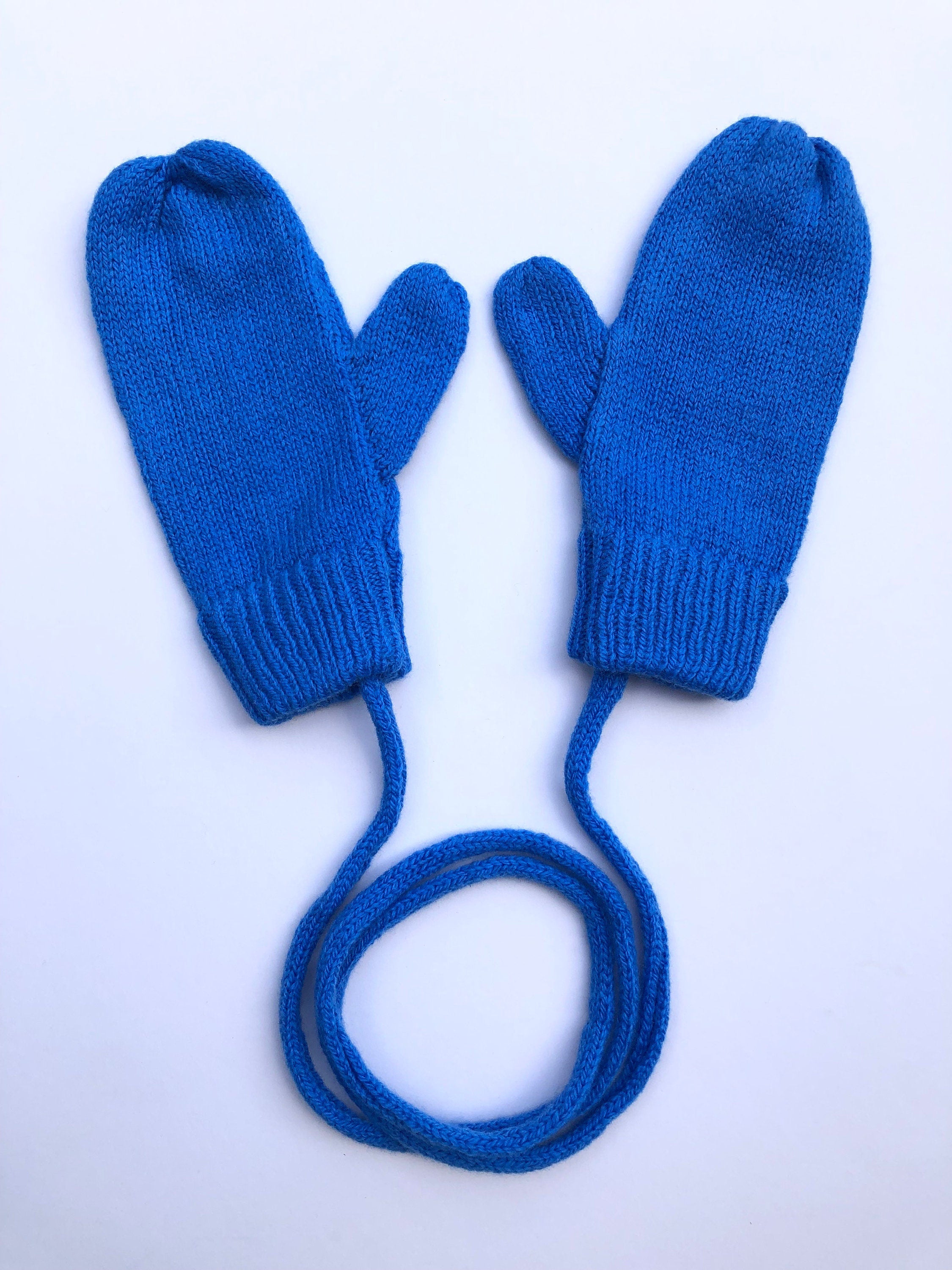 Light Blue Lambswool Mittens on a String: Knitted Kids Gloves