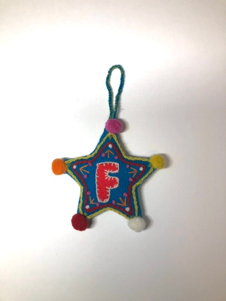 Letter Christmas Decoration / Alphabet Hanging Ornament / Festive Knitted and Embroidered Bauble / Teal base colour