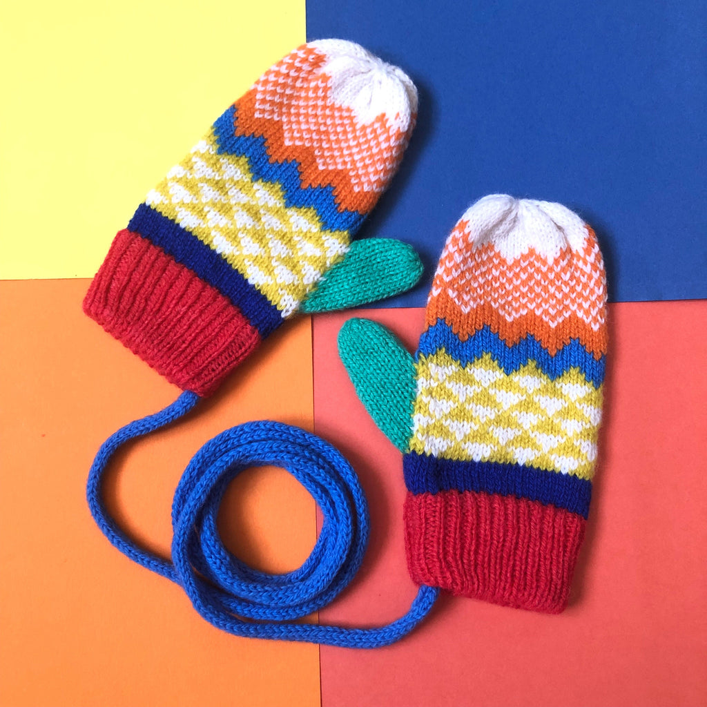 Fair Isle Lambswool Kids Mittens on a String: Colorful Knit
