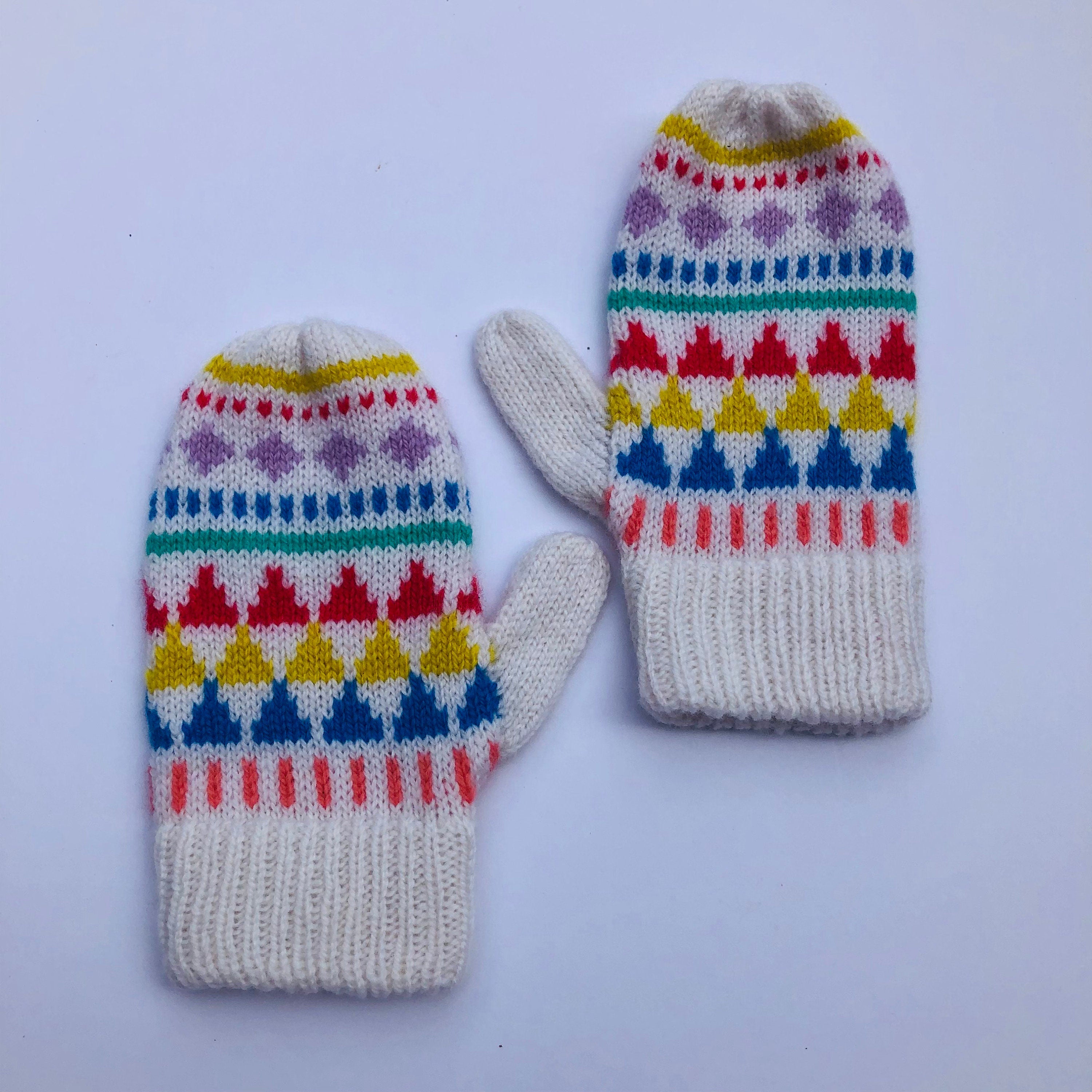 Lambswool Kids Mittens on a String: Geometric Fairisle Knit