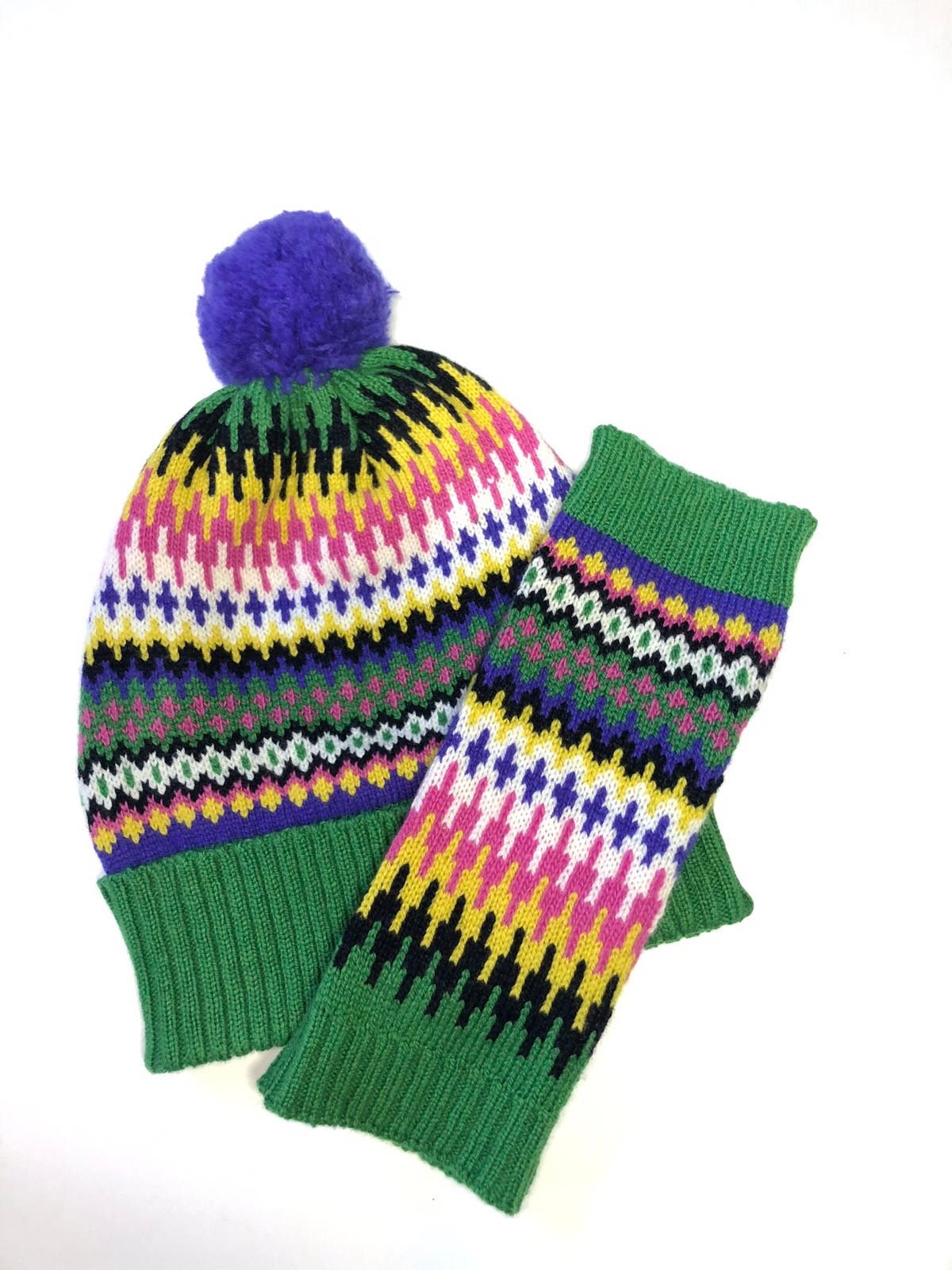 Green Fairisle Knitted Wrist Warmers / Fingerless Gloves / Adult size