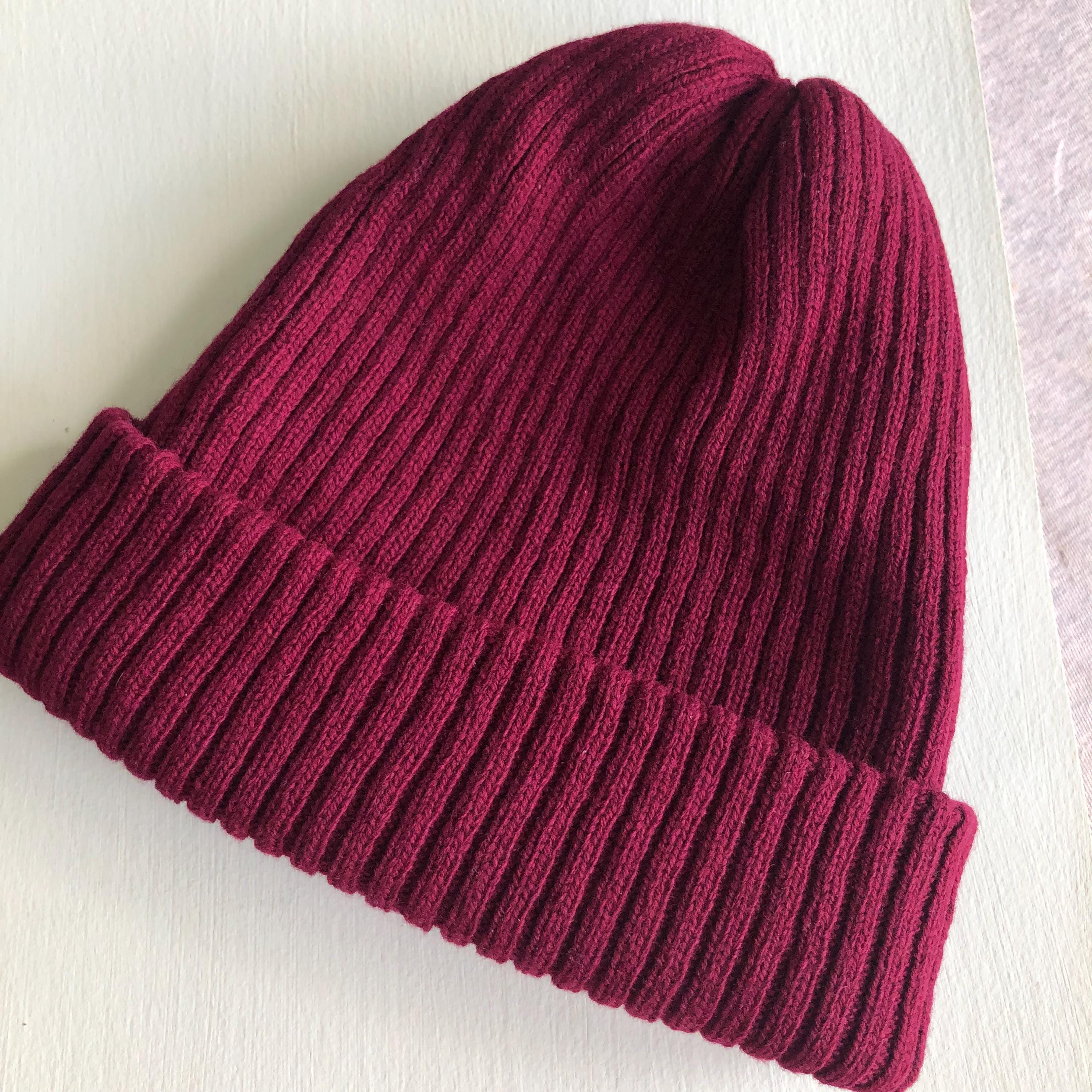 Maroon Knitted Hat / Dark Red Ribbed Soft Beanie for Men or Women / Adult size Extra Warm Double Layered Lambswool Hat
