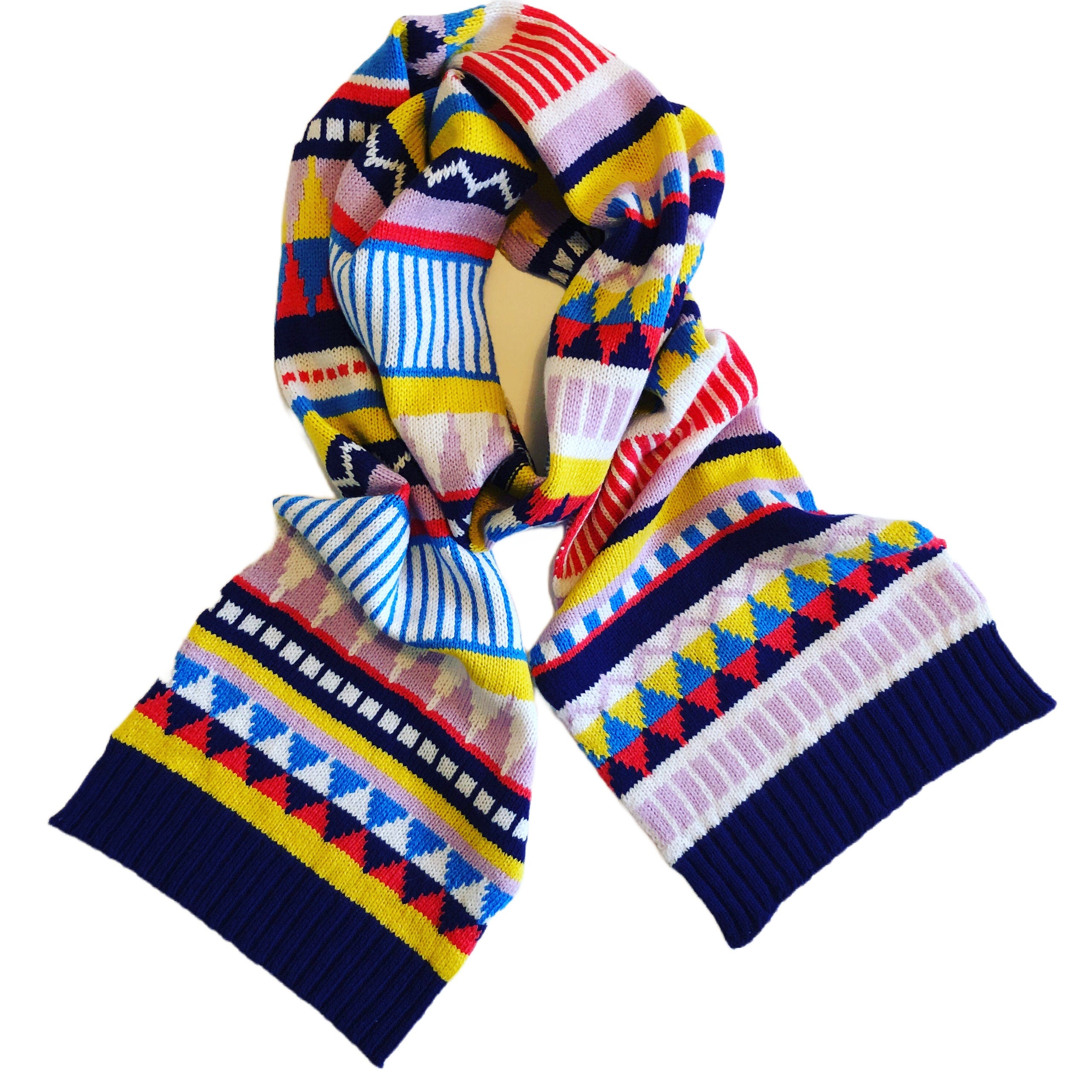 Handmade Lambswool Knitted Scarf: Geometric Fairisle Design
