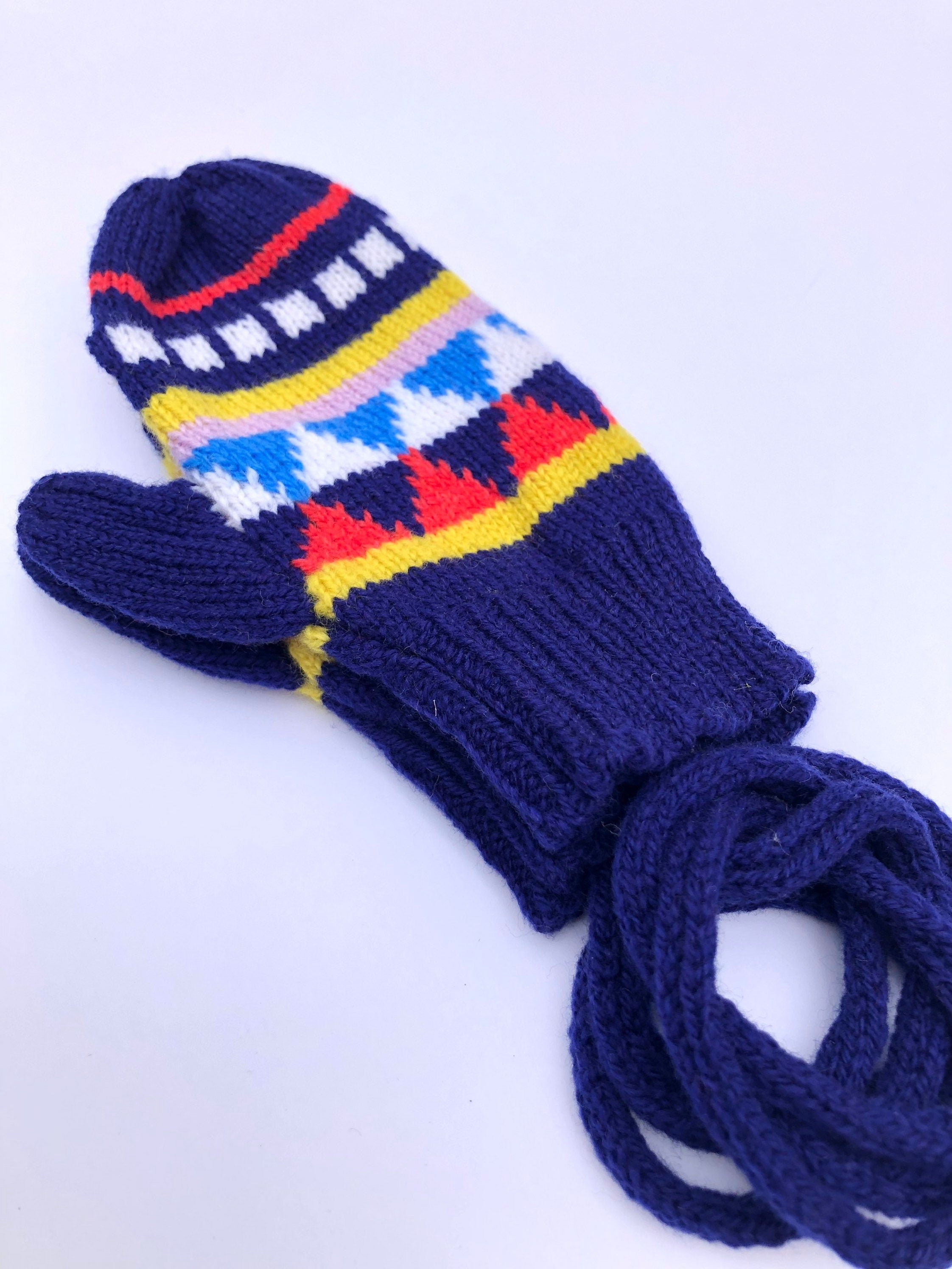 Kids Mittens on a string - Navy Fairisle Lambswool Knitted Gloves
