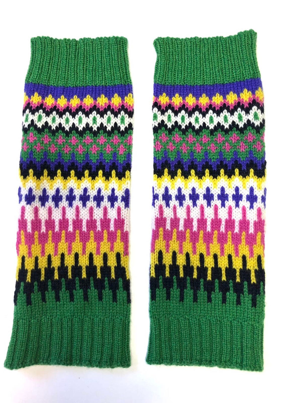 Green Fairisle Knitted Wrist Warmers / Fingerless Gloves / Adult size