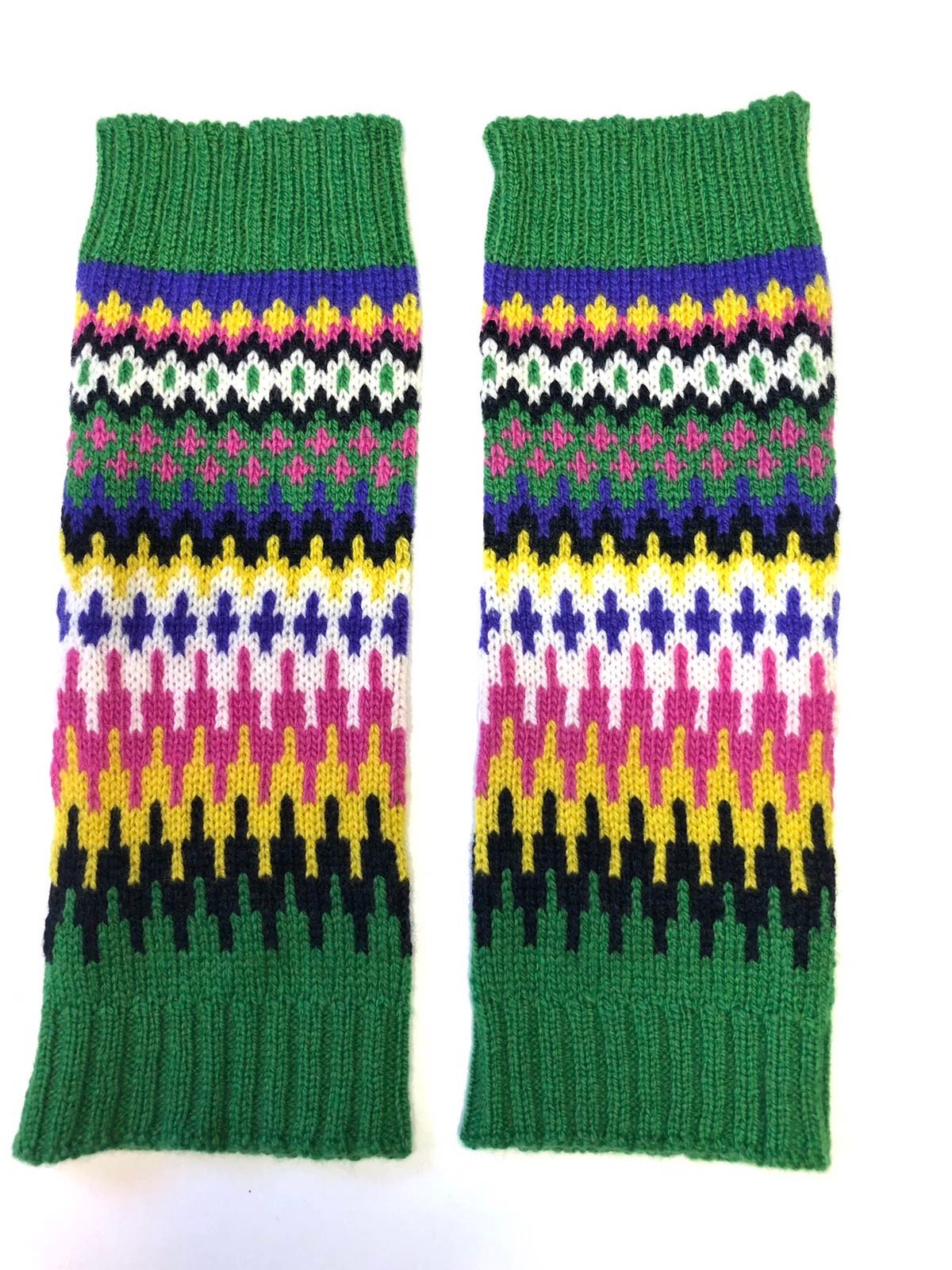 Green Fairisle Knitted Wrist Warmers / Fingerless Gloves / Adult size