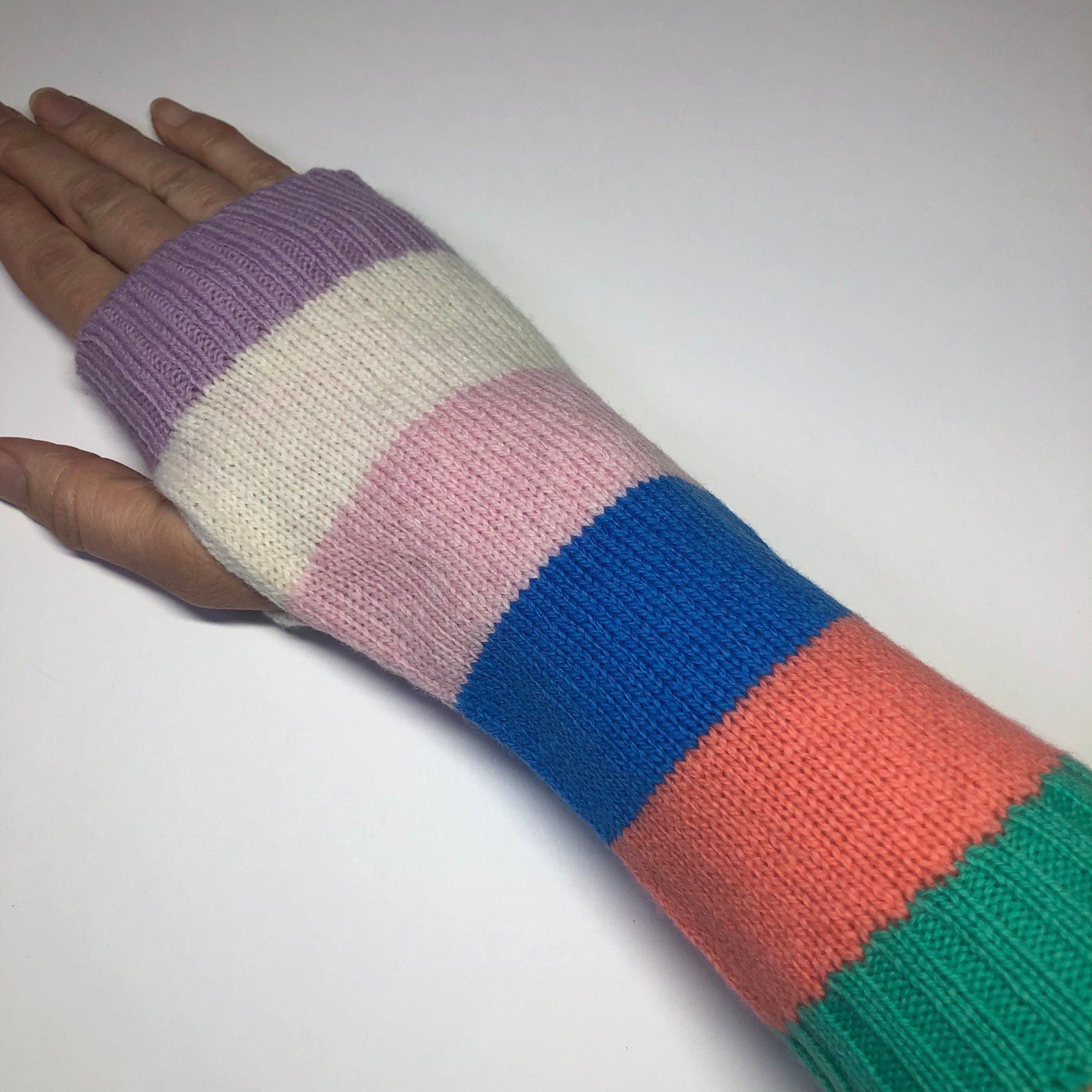 Handmade Lambswool Fingerless Gloves: Knitted Stripy Wrist Warmers