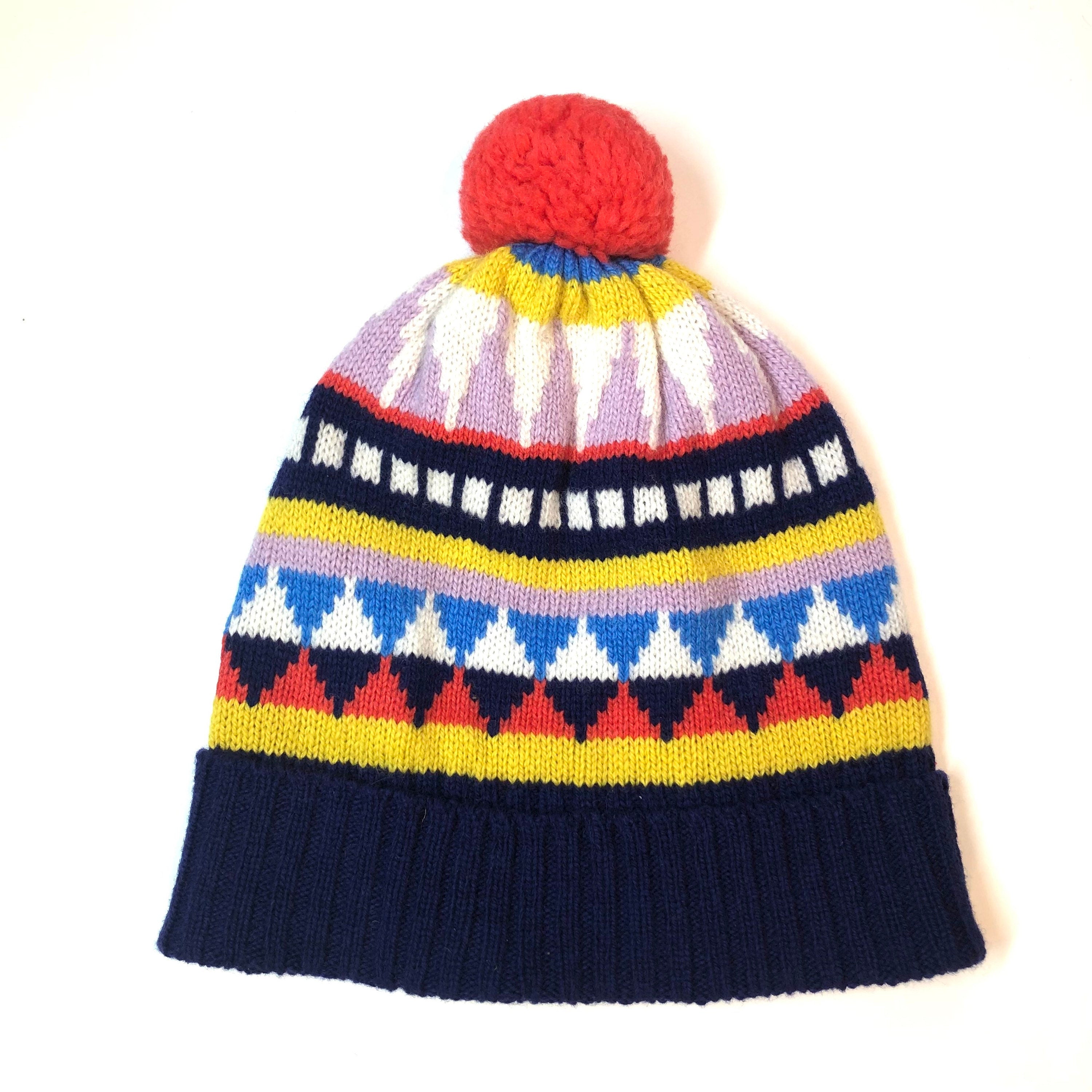 Fair Isle Lambswool Kids Beanie: Geometric Knit Bobble Hat