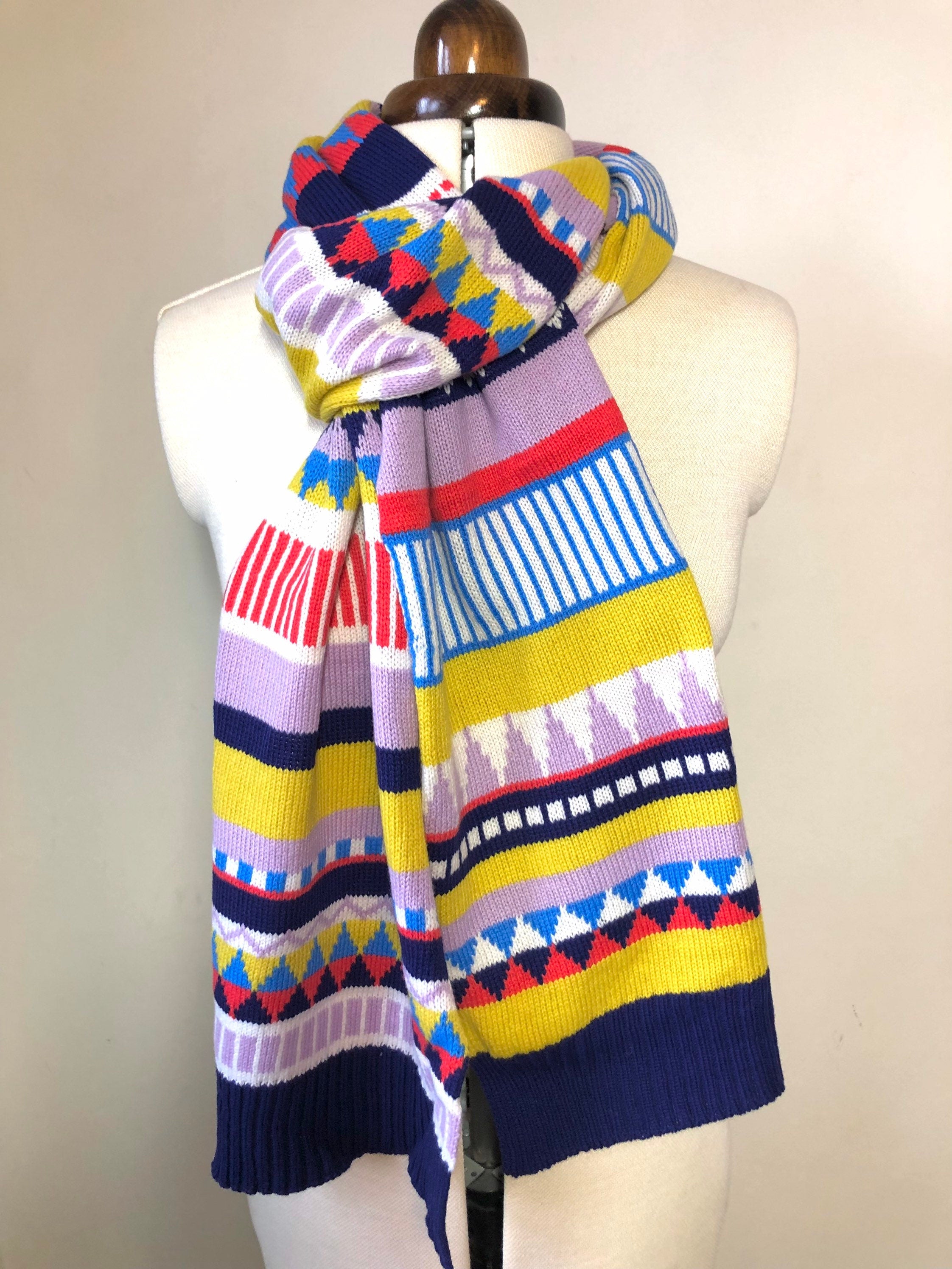 Handmade Lambswool Knitted Scarf: Geometric Fairisle Design