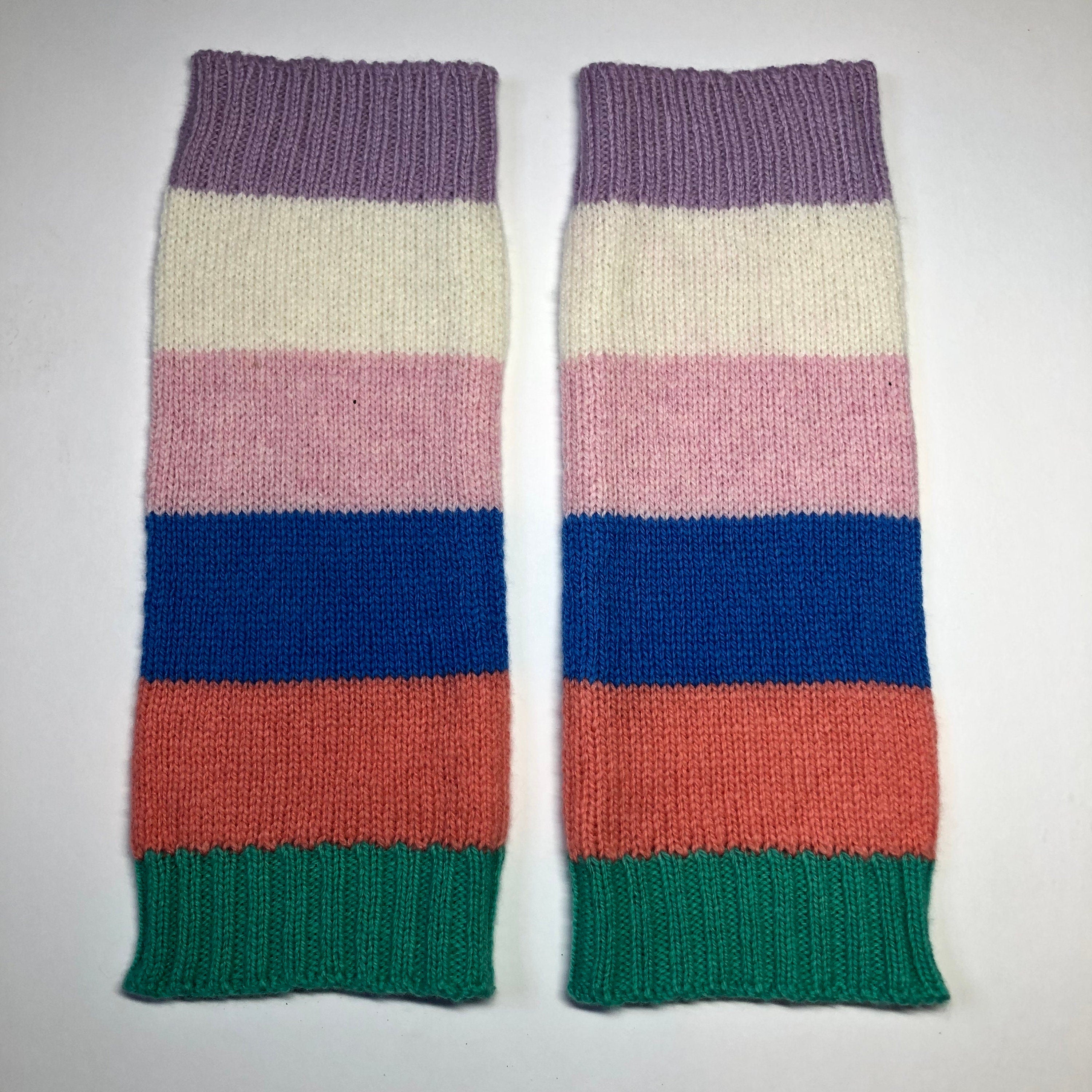 Handmade Lambswool Fingerless Gloves: Knitted Stripy Wrist Warmers