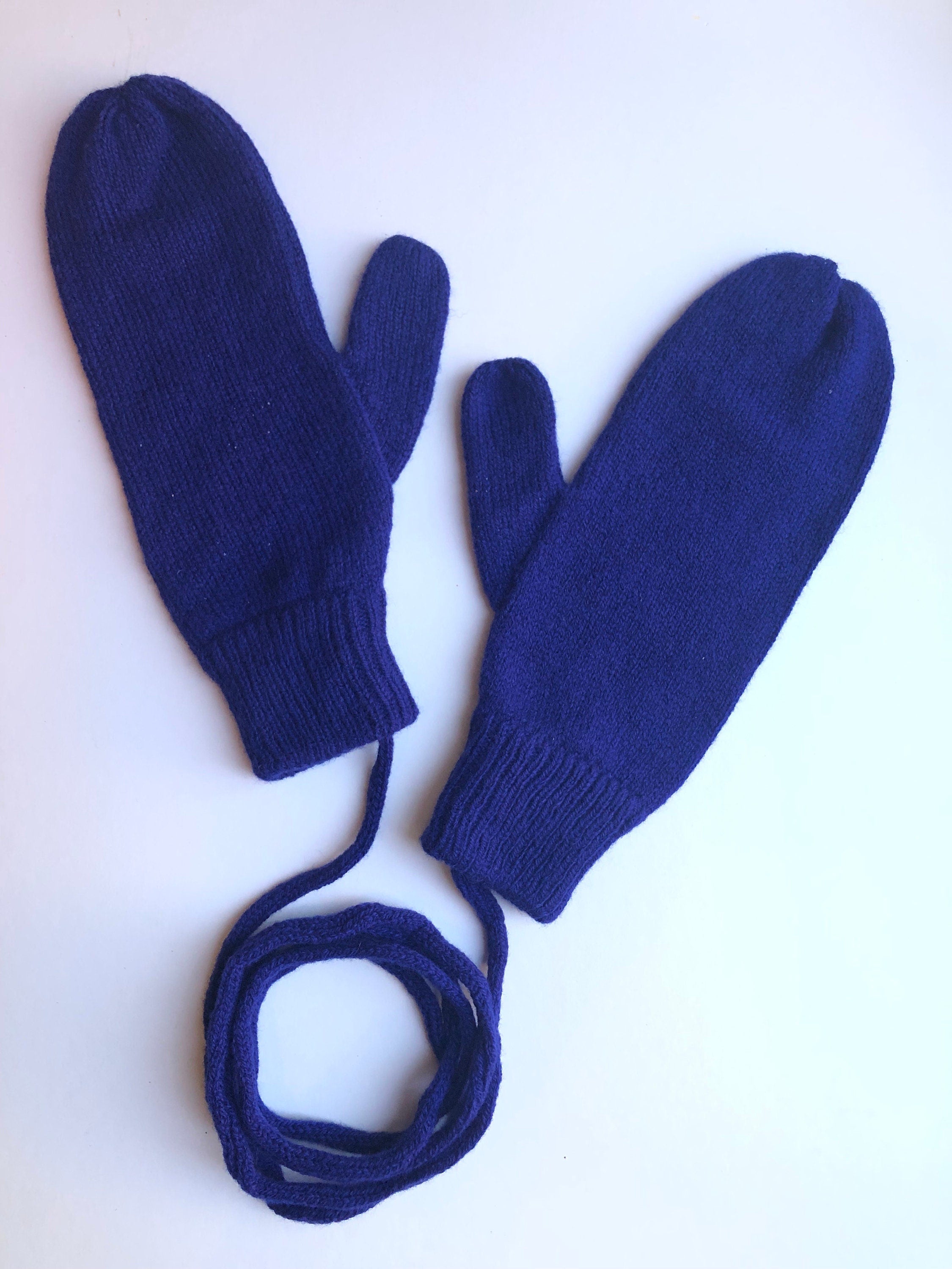 Navy Blue Mittens on a String for Women