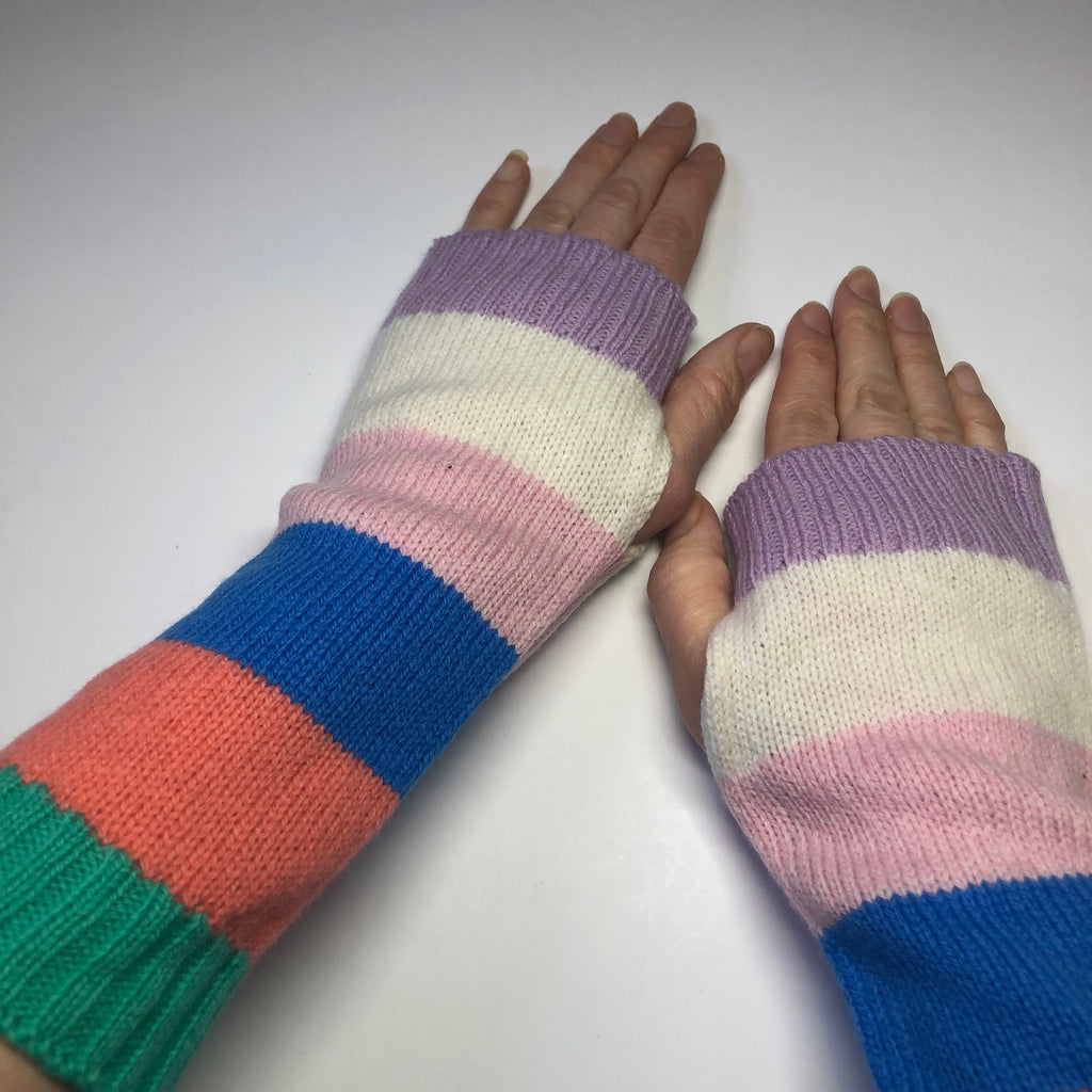 Handmade Lambswool Fingerless Gloves: Knitted Stripy Wrist Warmers