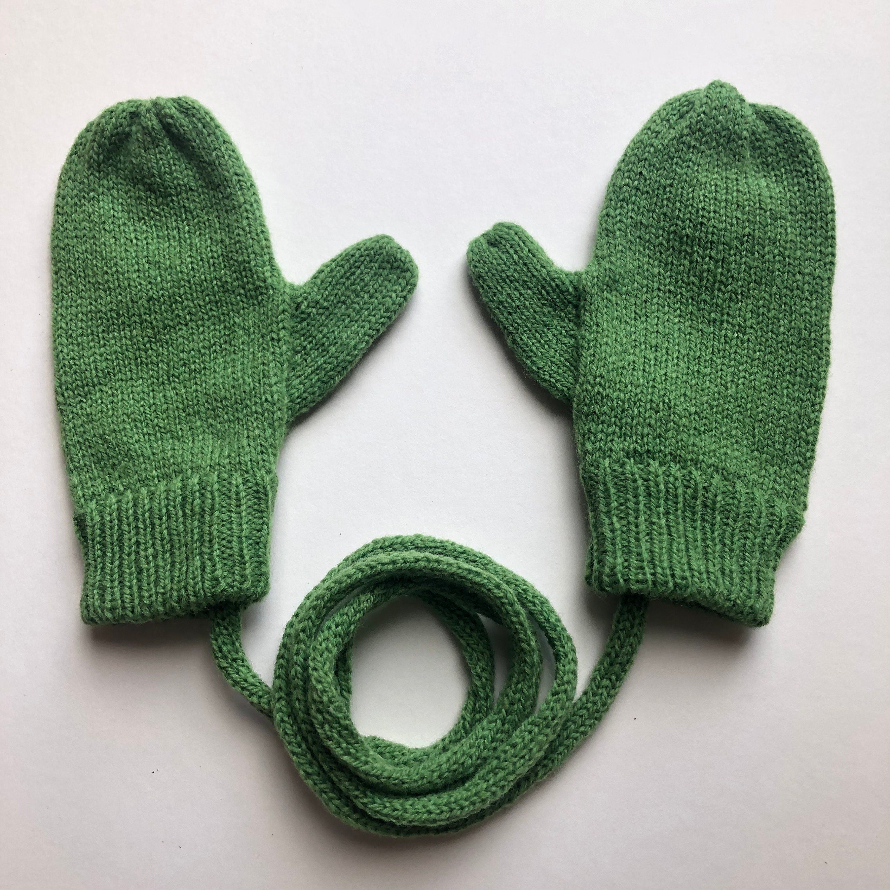 Green Lambswool Mittens on a String: Kids Knit Gloves