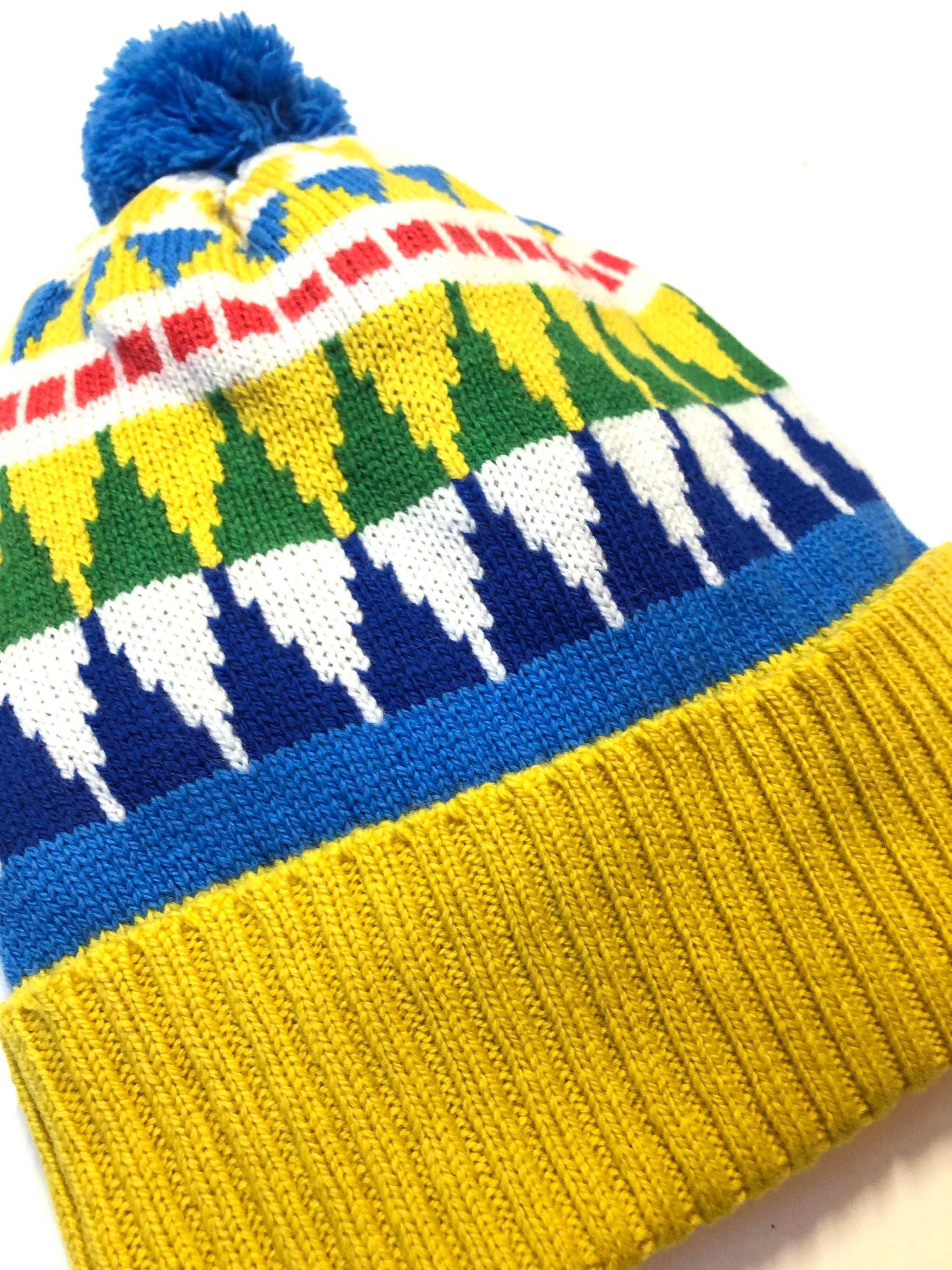 Knitted Lambswool Bobble Hat / Geometric Fairisle Winter Woolly Hat - Adult Size Beanie