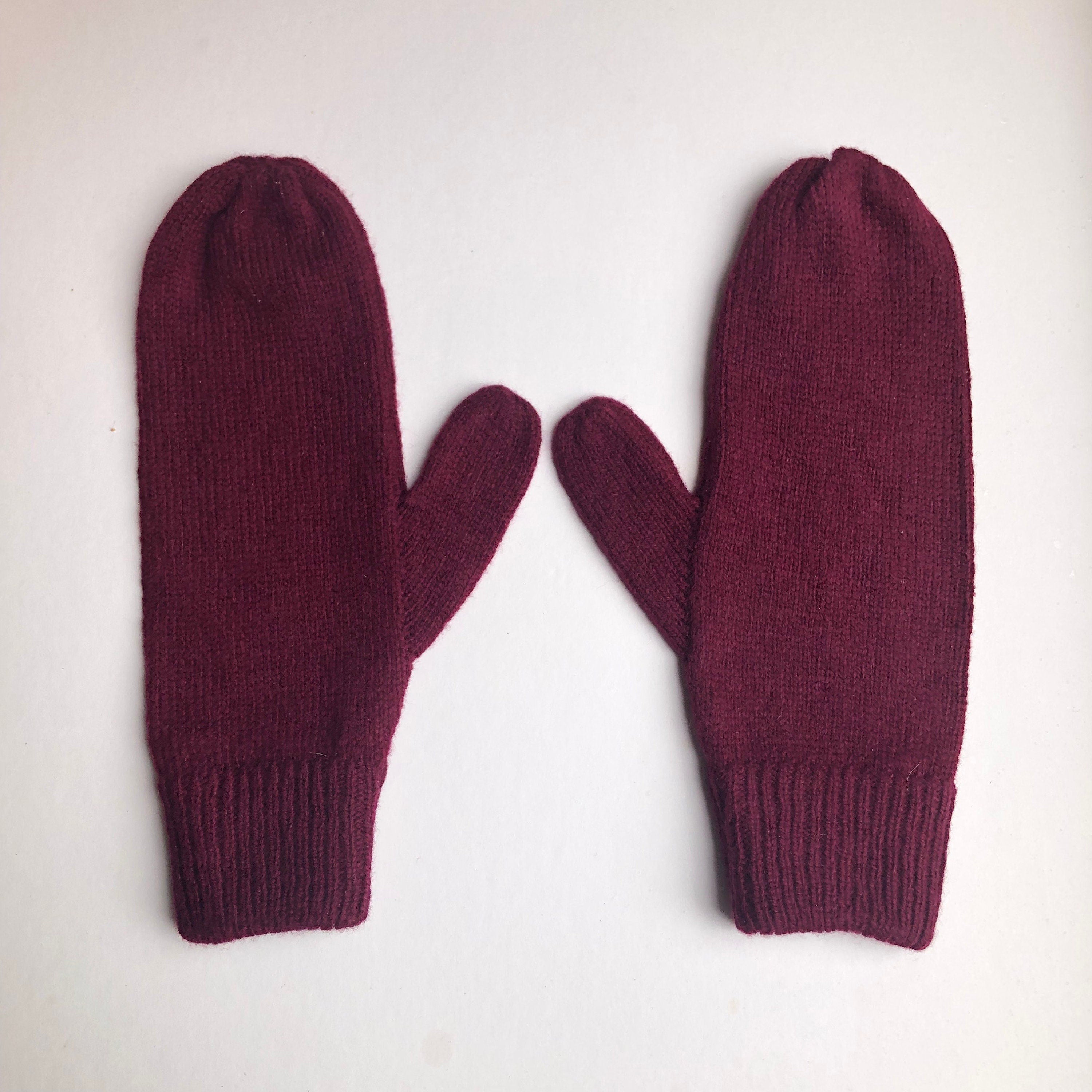 Maroon Lambswool Mittens on a String: Hand-Knitted Women's Gloves