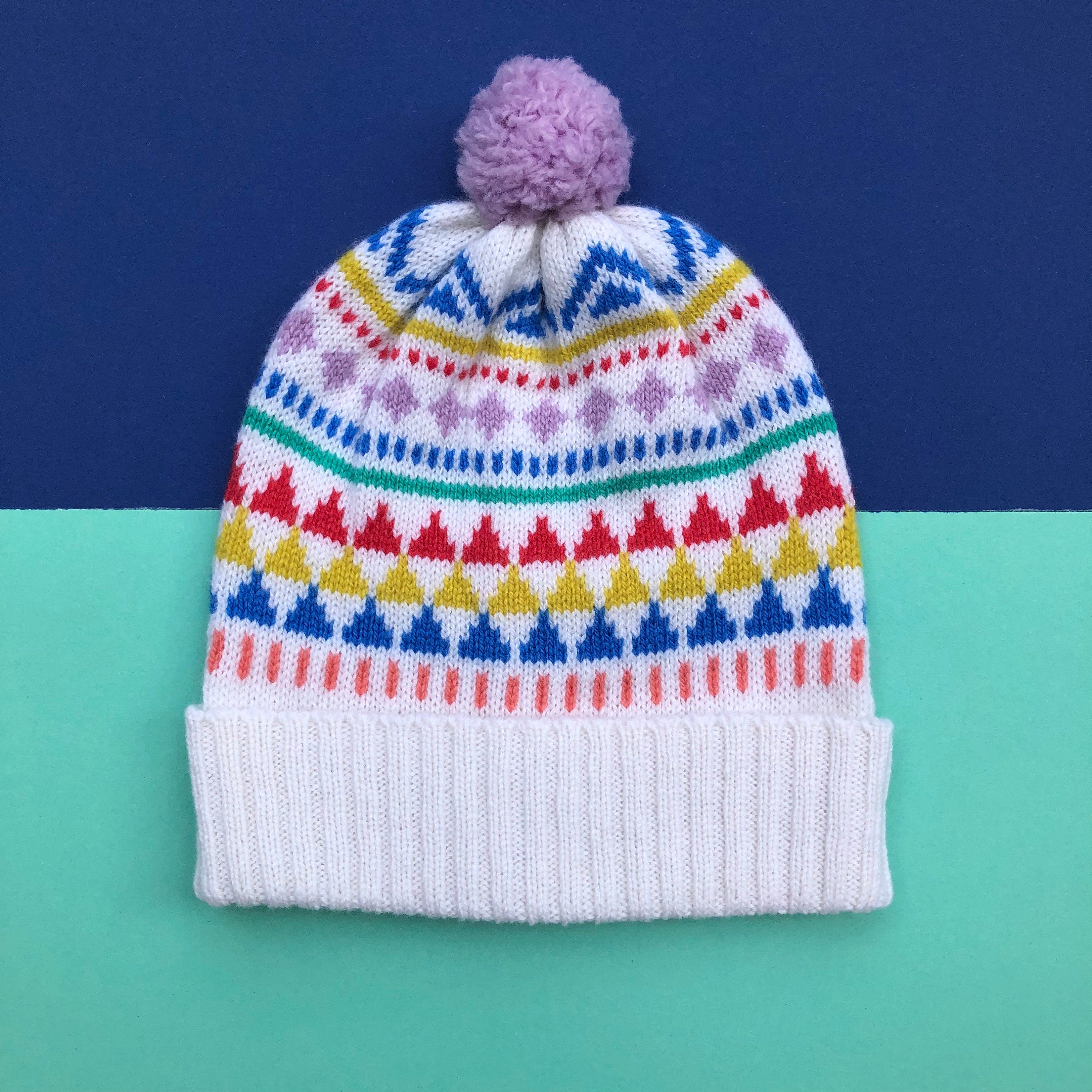 Kids Lambswool Bobble Hat: Geometric Fair Isle Beanie