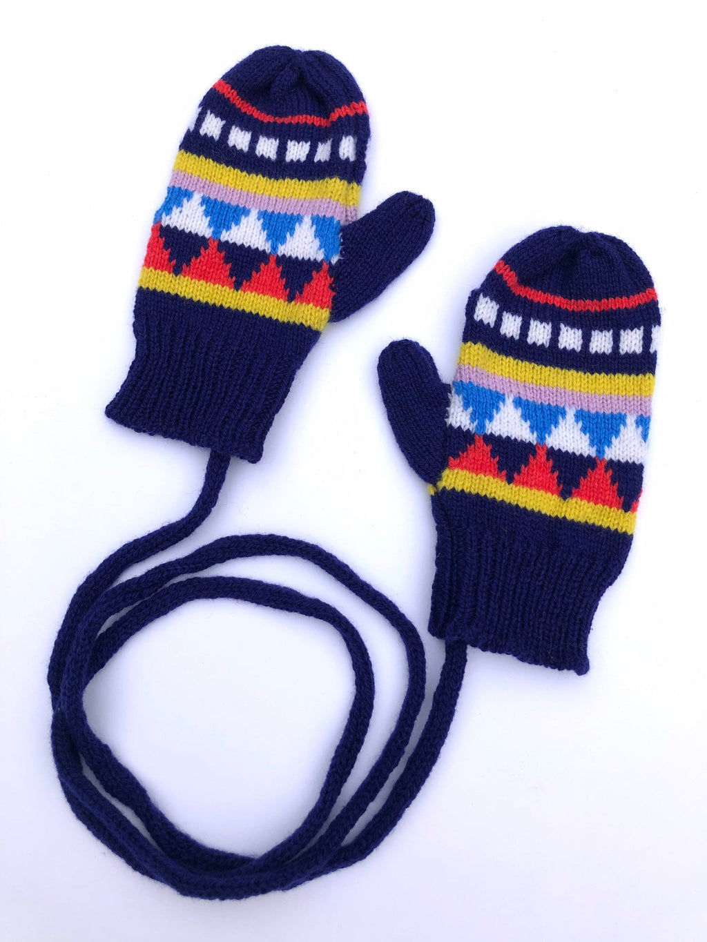 Kids Mittens on a string - Navy Fairisle Lambswool Knitted Gloves