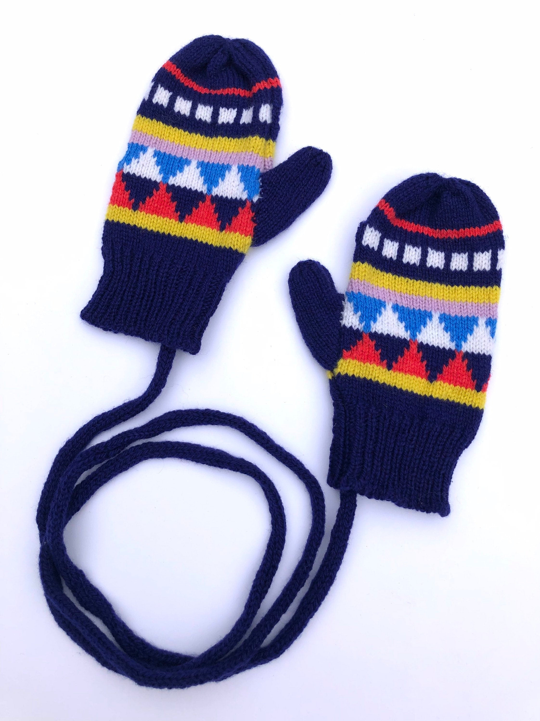 Kids Mittens on a string - Navy Fairisle Lambswool Knitted Gloves