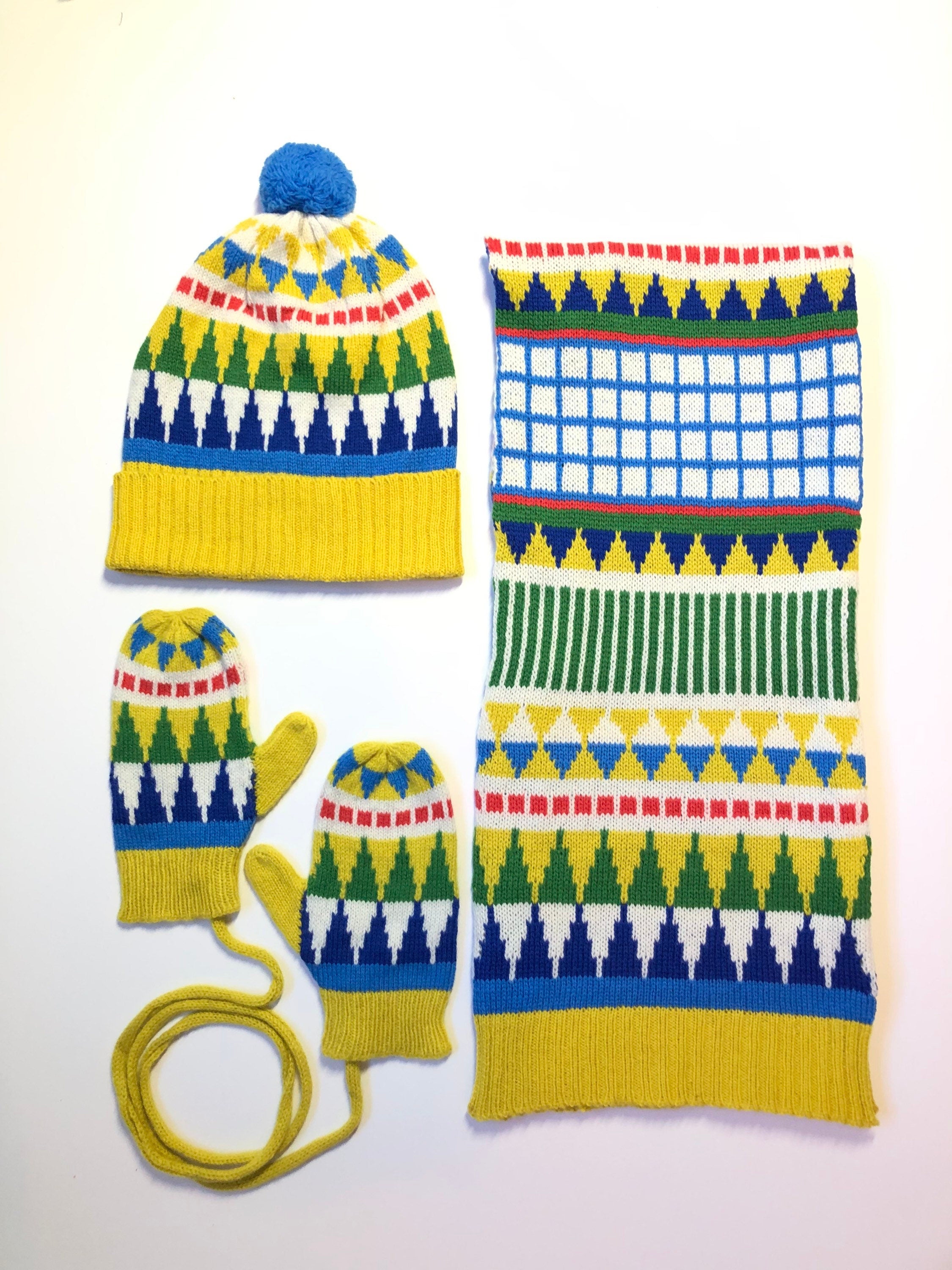 Yellow Knitted Kids Scarf - Geometric Fairisle Lambswool Design / Childrens Scarf
