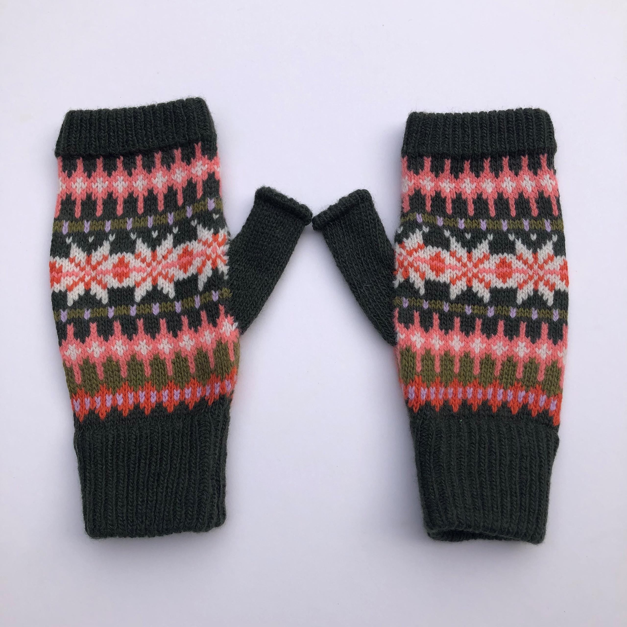 Green Fairisle Fingerless Gloves for Women - Knitted in Soft Lambswool.