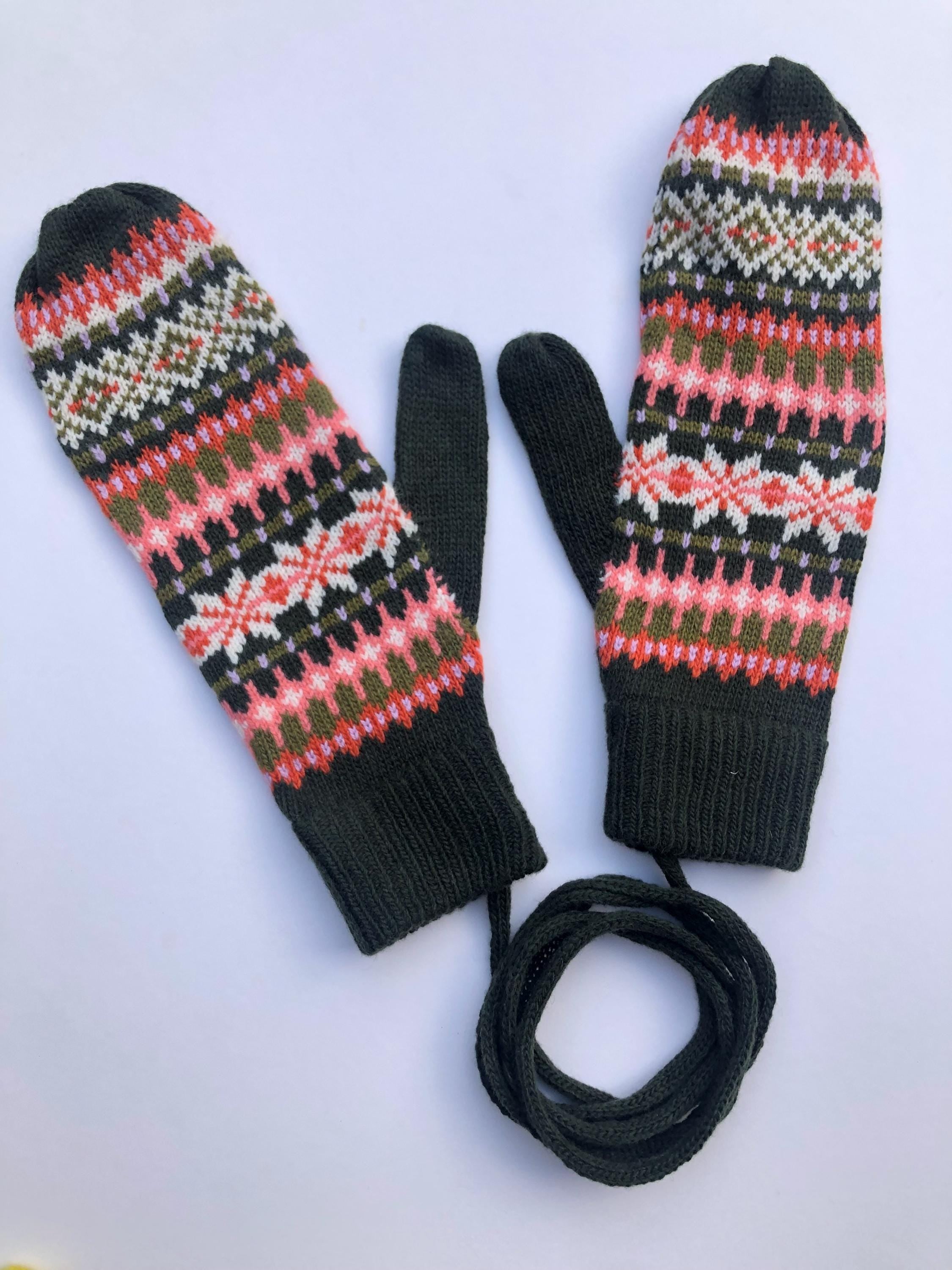Fairisle Patterned Mittens for Women - Soft Lambswool Knitted gloves (Availble on a string or loose)
