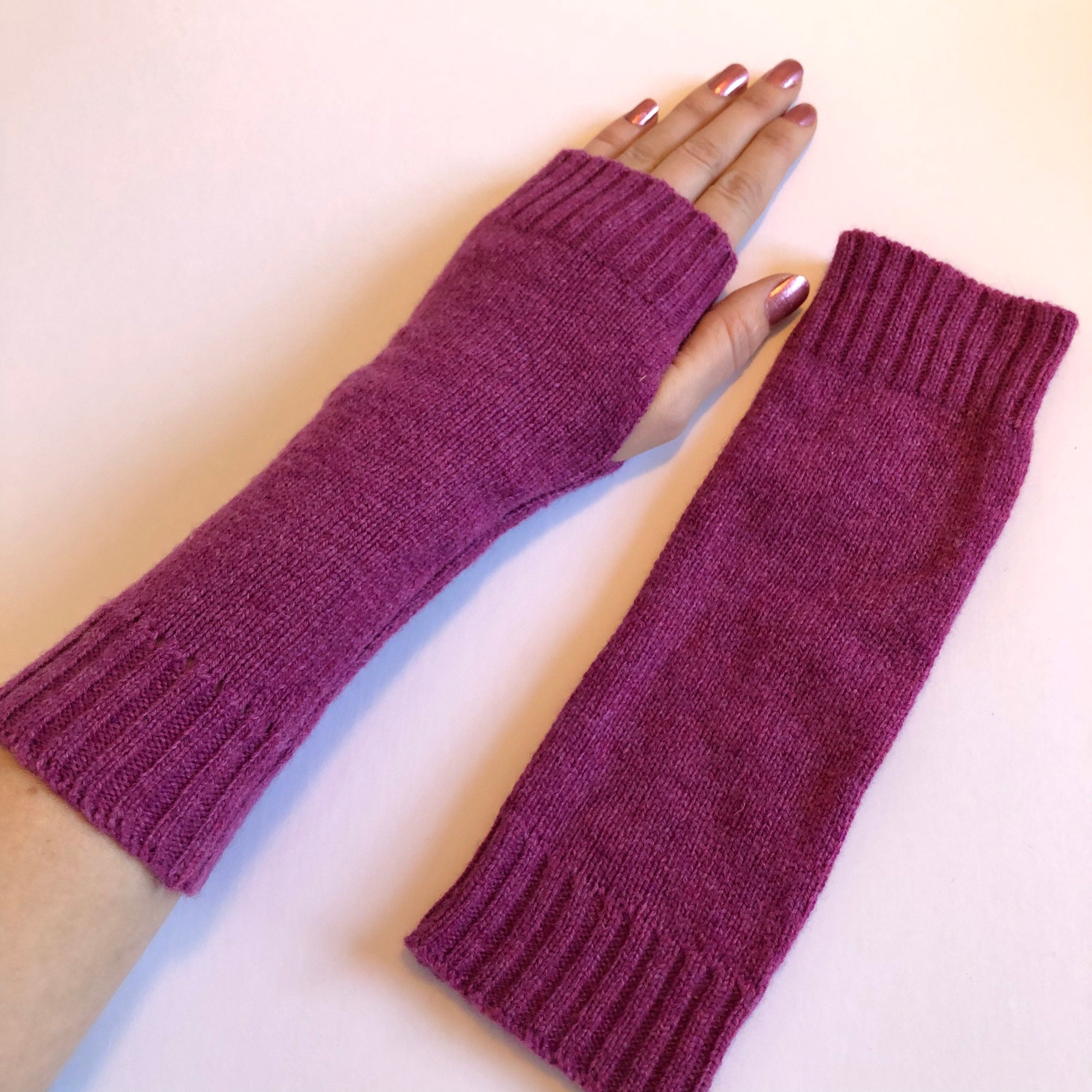 Loganberry Lambswool Fingerless Gloves: Hand Knitted Wrist Warmers