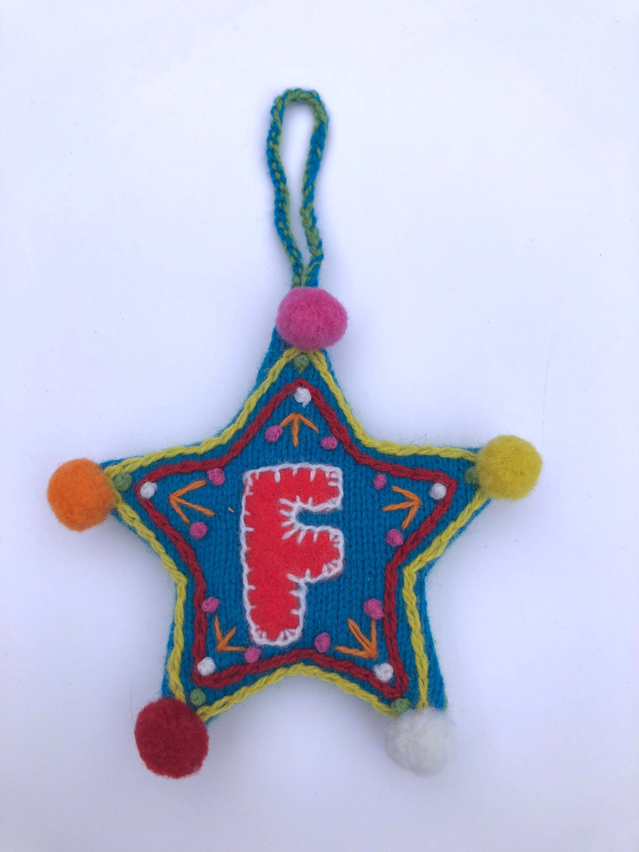 Letter Christmas Decoration / Alphabet Hanging Ornament / Festive Knitted and Embroidered Bauble / Teal base colour