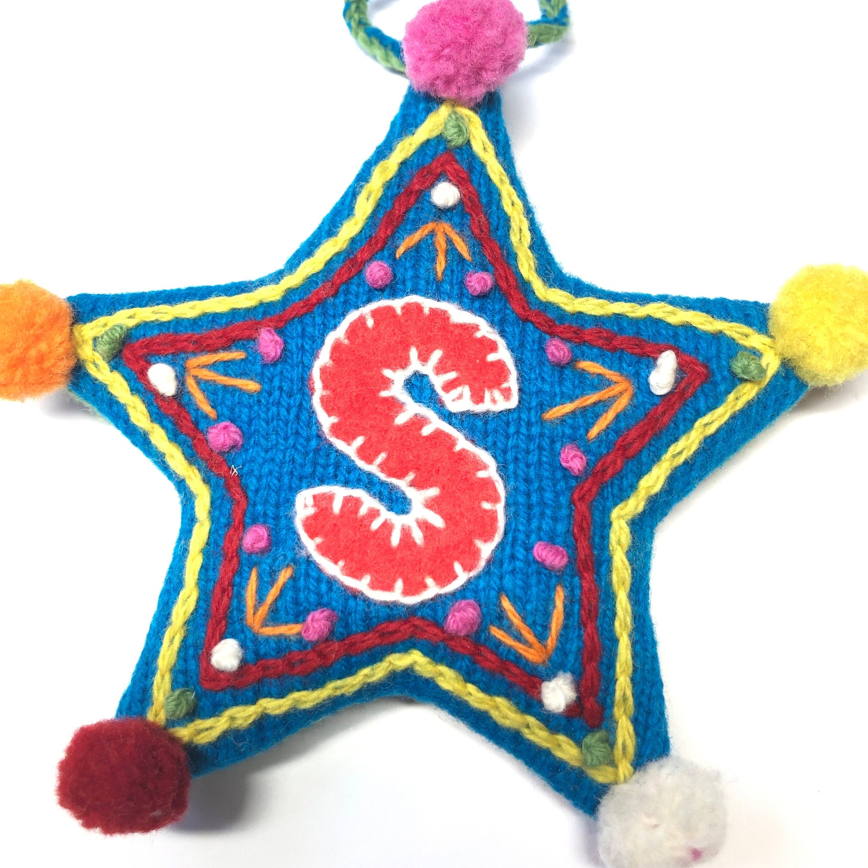 Letter Christmas Decoration / Alphabet Hanging Ornament / Festive Knitted and Embroidered Bauble / Teal base colour