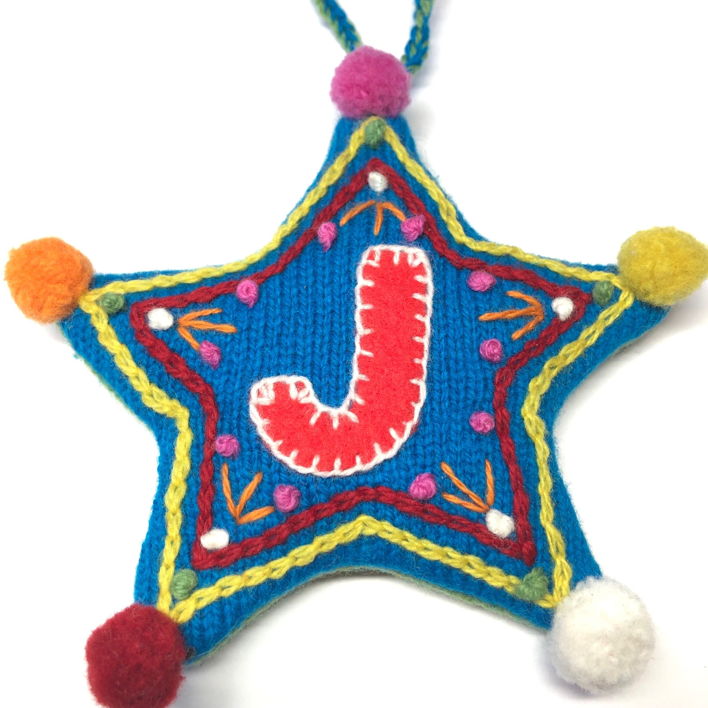 Letter Christmas Decoration / Alphabet Hanging Ornament / Festive Knitted and Embroidered Bauble / Teal base colour