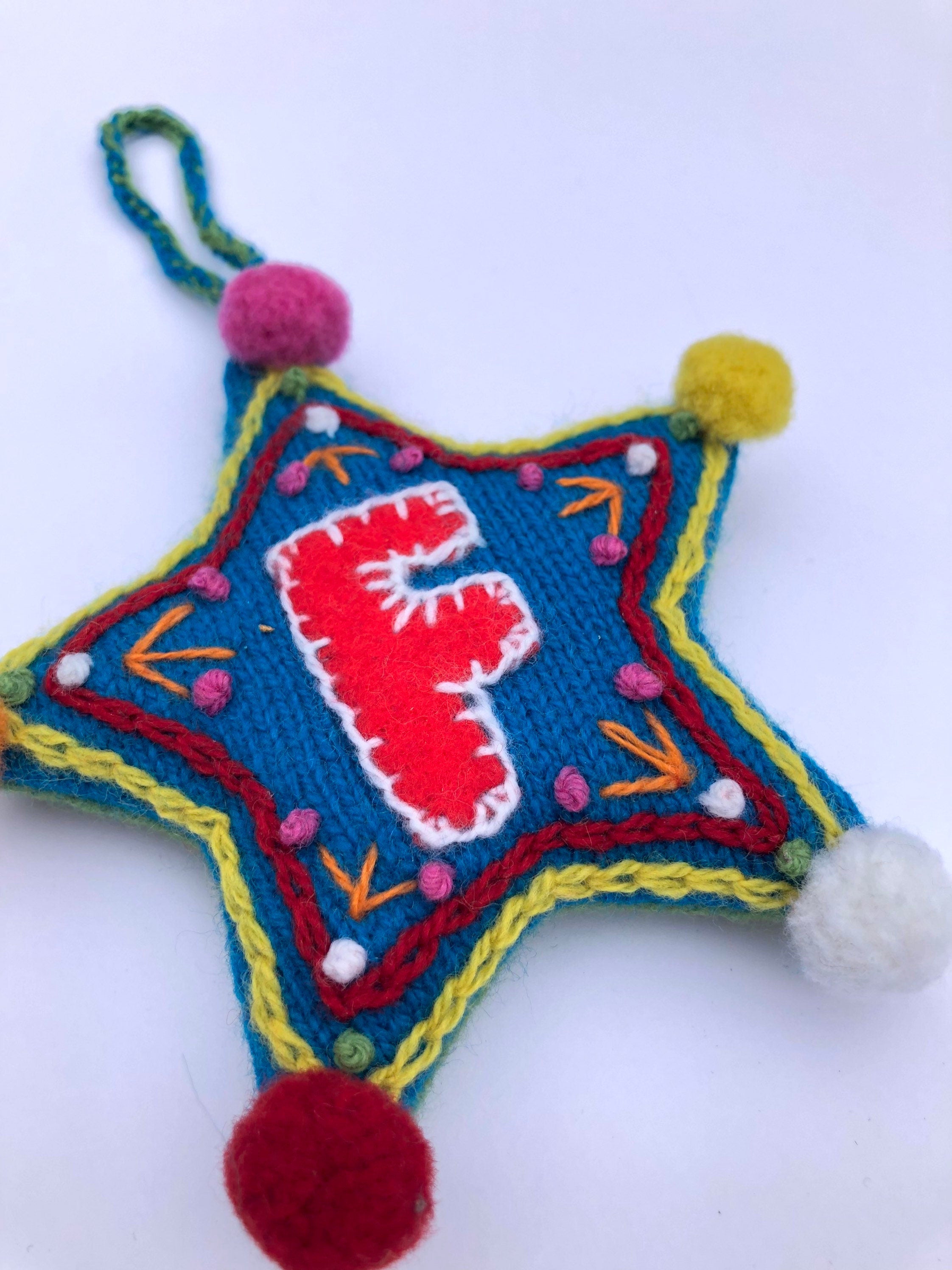 Letter Christmas Decoration / Alphabet Hanging Ornament / Festive Knitted and Embroidered Bauble / Teal base colour
