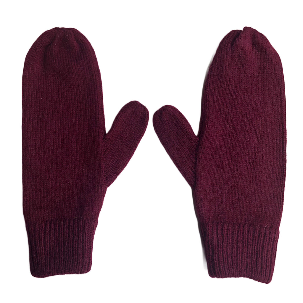 Maroon Lambswool Mittens on a String: Hand-Knitted Women's Gloves