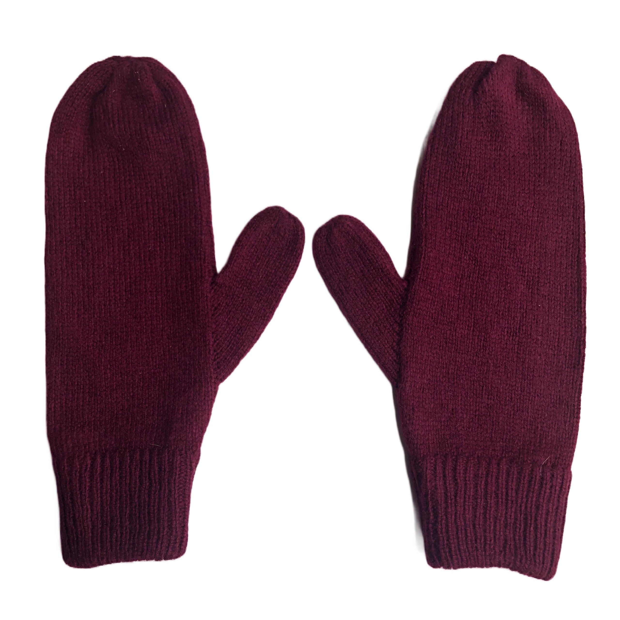 Maroon Lambswool Mittens on a String: Hand-Knitted Women's Gloves