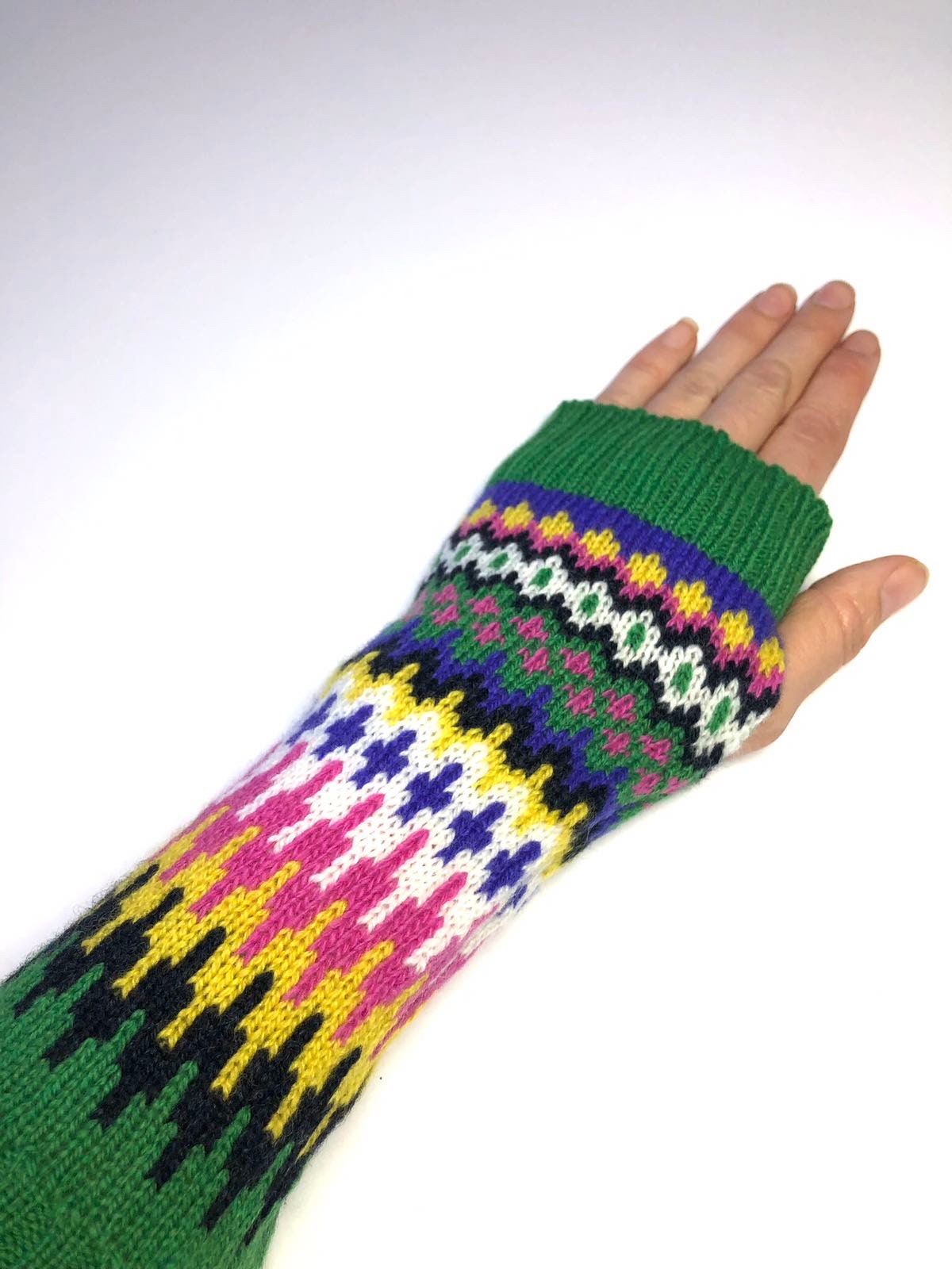 Green Fairisle Knitted Wrist Warmers / Fingerless Gloves / Adult size