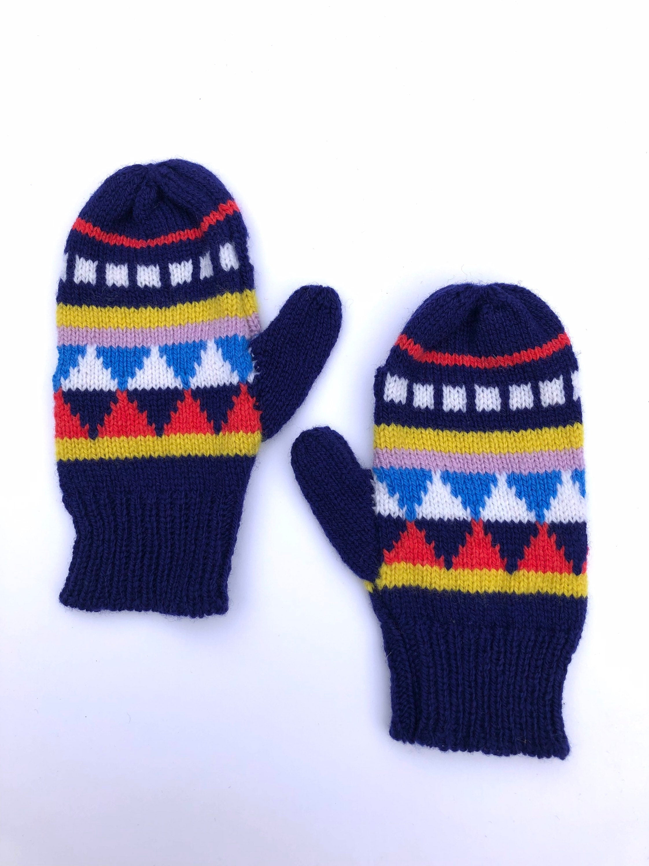 Kids Mittens on a string - Navy Fairisle Lambswool Knitted Gloves