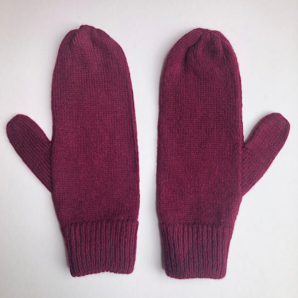 Maroon Lambswool Mittens on a String: Hand-Knitted Women's Gloves