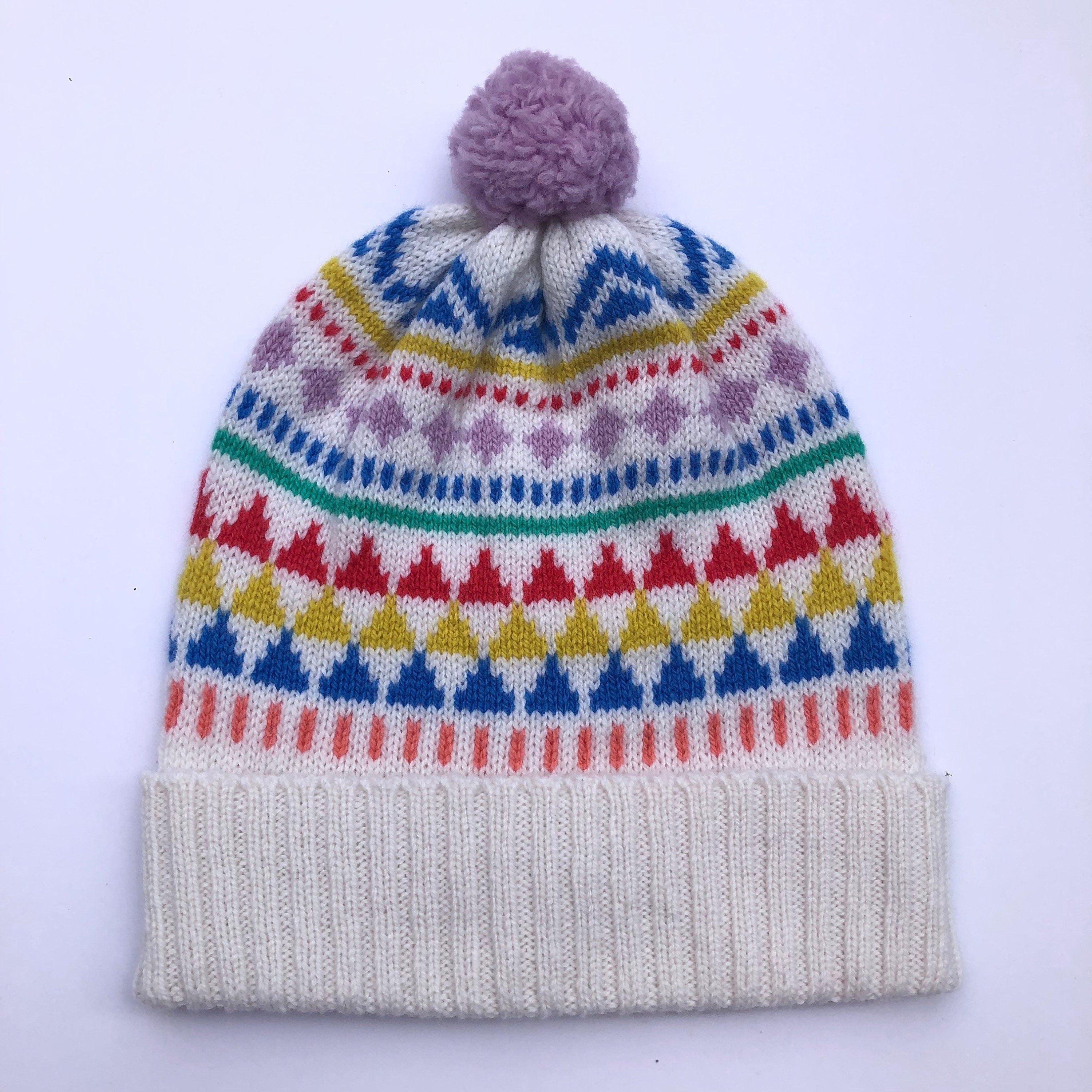 Kids Lambswool Bobble Hat: Geometric Fair Isle Beanie