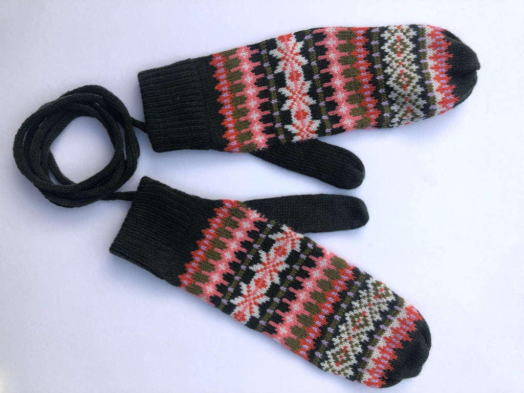 Fairisle Patterned Mittens for Women - Soft Lambswool Knitted gloves (Availble on a string or loose)