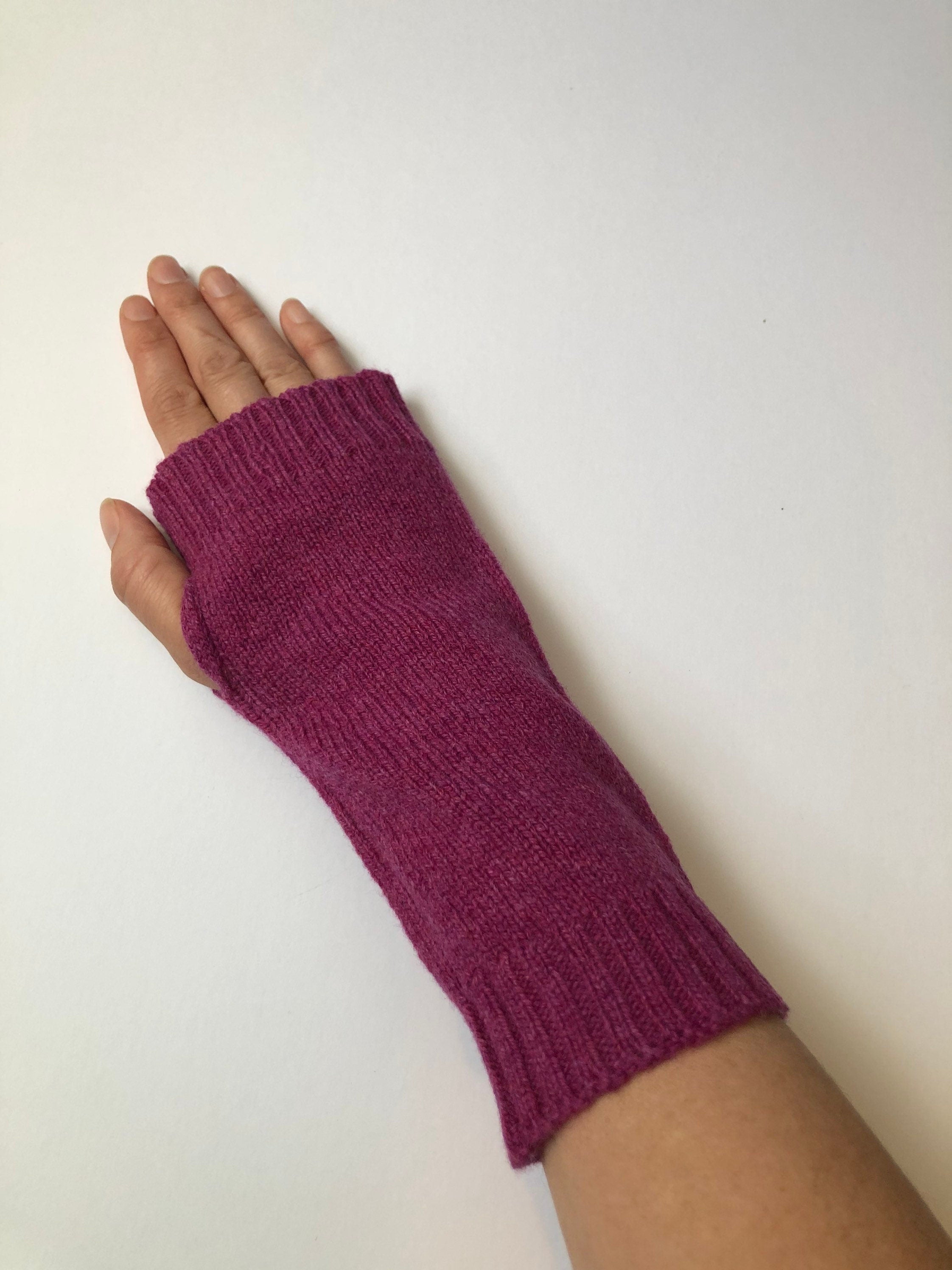 Loganberry Lambswool Fingerless Gloves: Hand Knitted Wrist Warmers