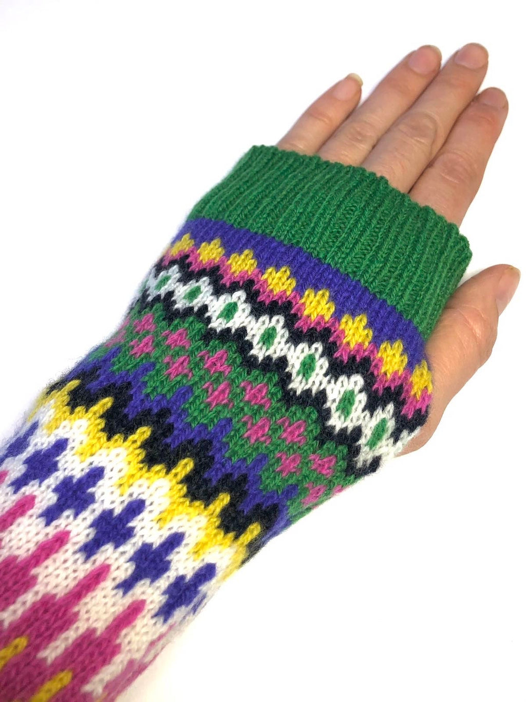 Green Fairisle Knitted Wrist Warmers / Fingerless Gloves / Adult size