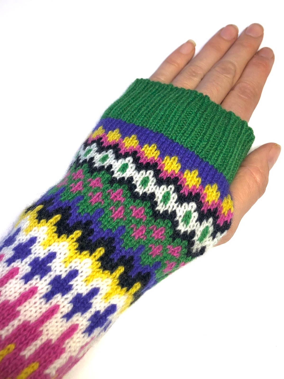 Green Fairisle Knitted Wrist Warmers / Fingerless Gloves / Adult size