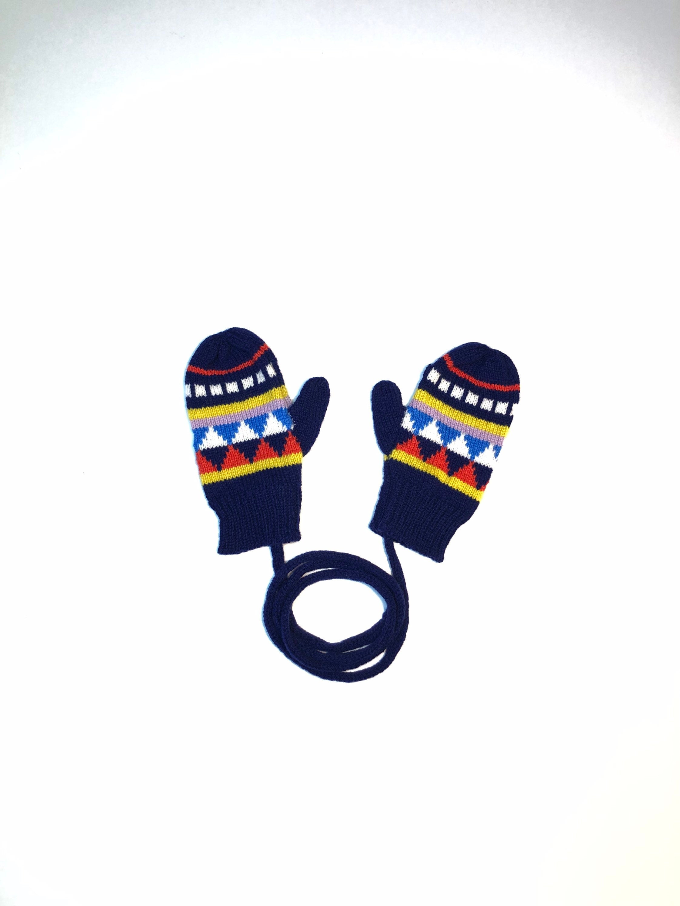 Kids Mittens on a string - Navy Fairisle Lambswool Knitted Gloves