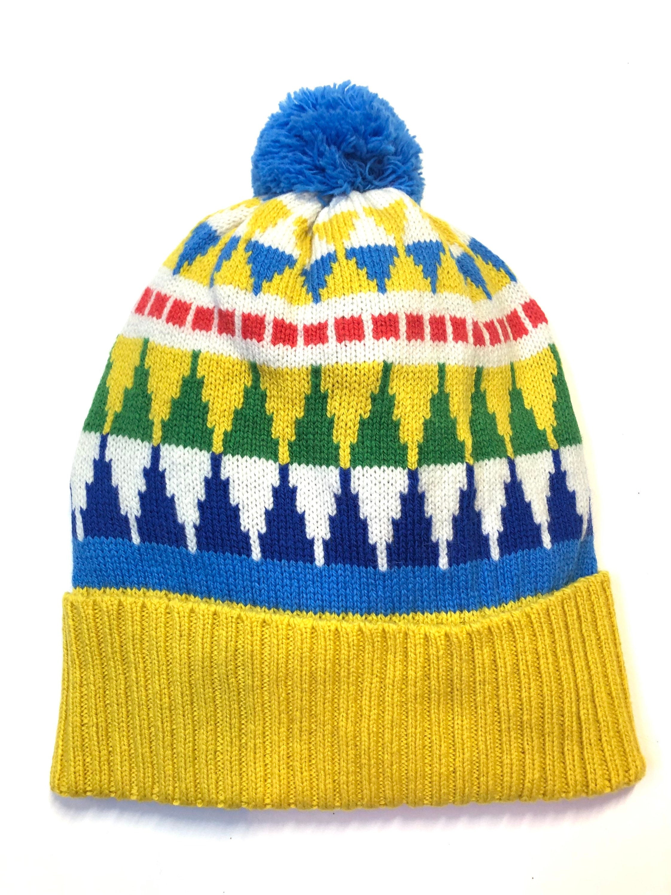 Knitted Lambswool Bobble Hat / Geometric Fairisle Winter Woolly Hat - Adult Size Beanie