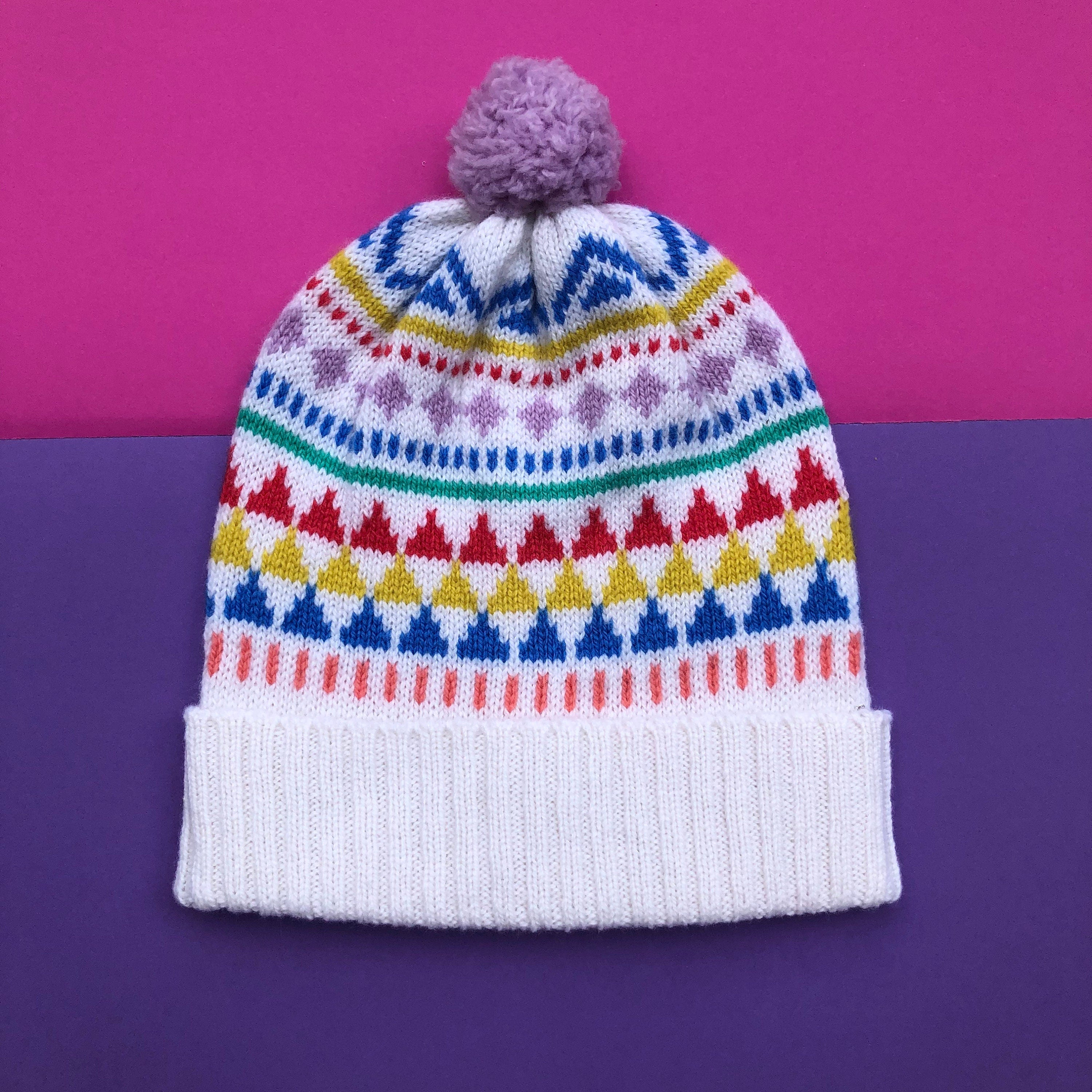Kids Lambswool Bobble Hat: Geometric Fair Isle Beanie