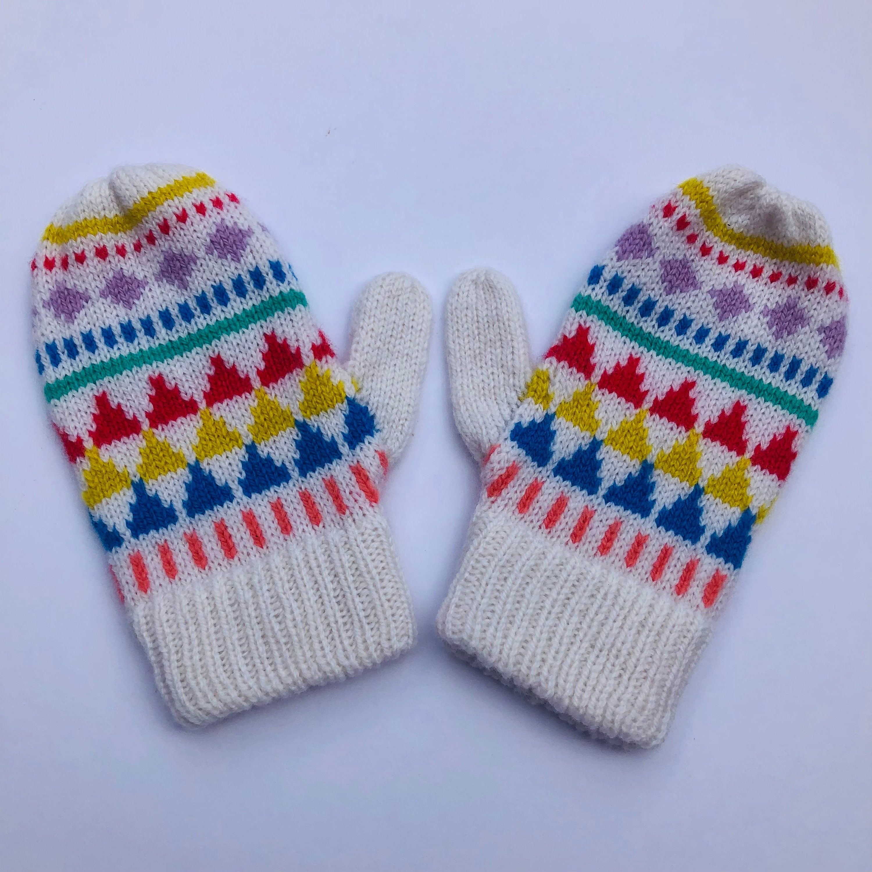 Lambswool Kids Mittens on a String: Geometric Fairisle Knit